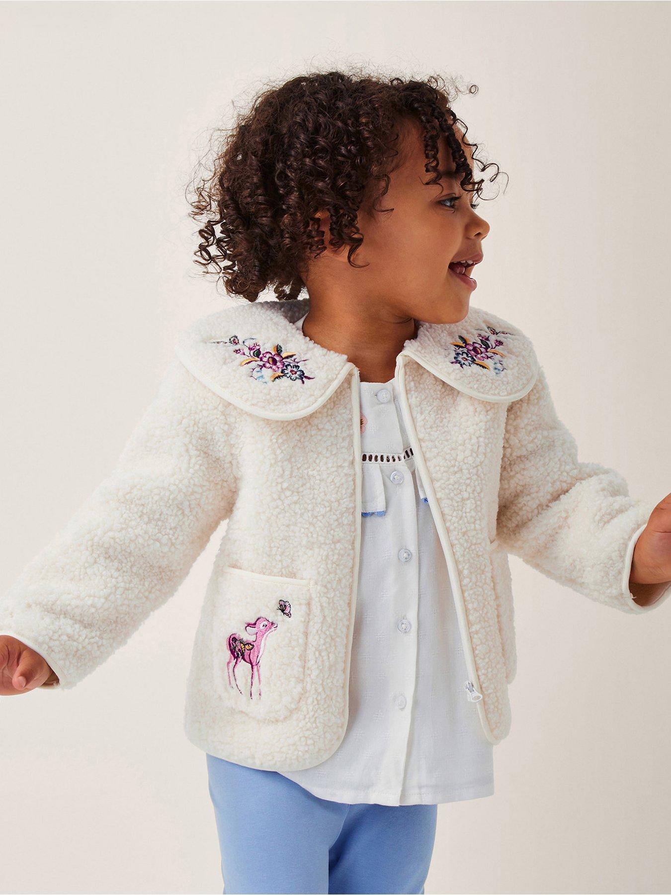 Monsoon Baby Girls Borg Embroidered Zip Through Coat - Cream