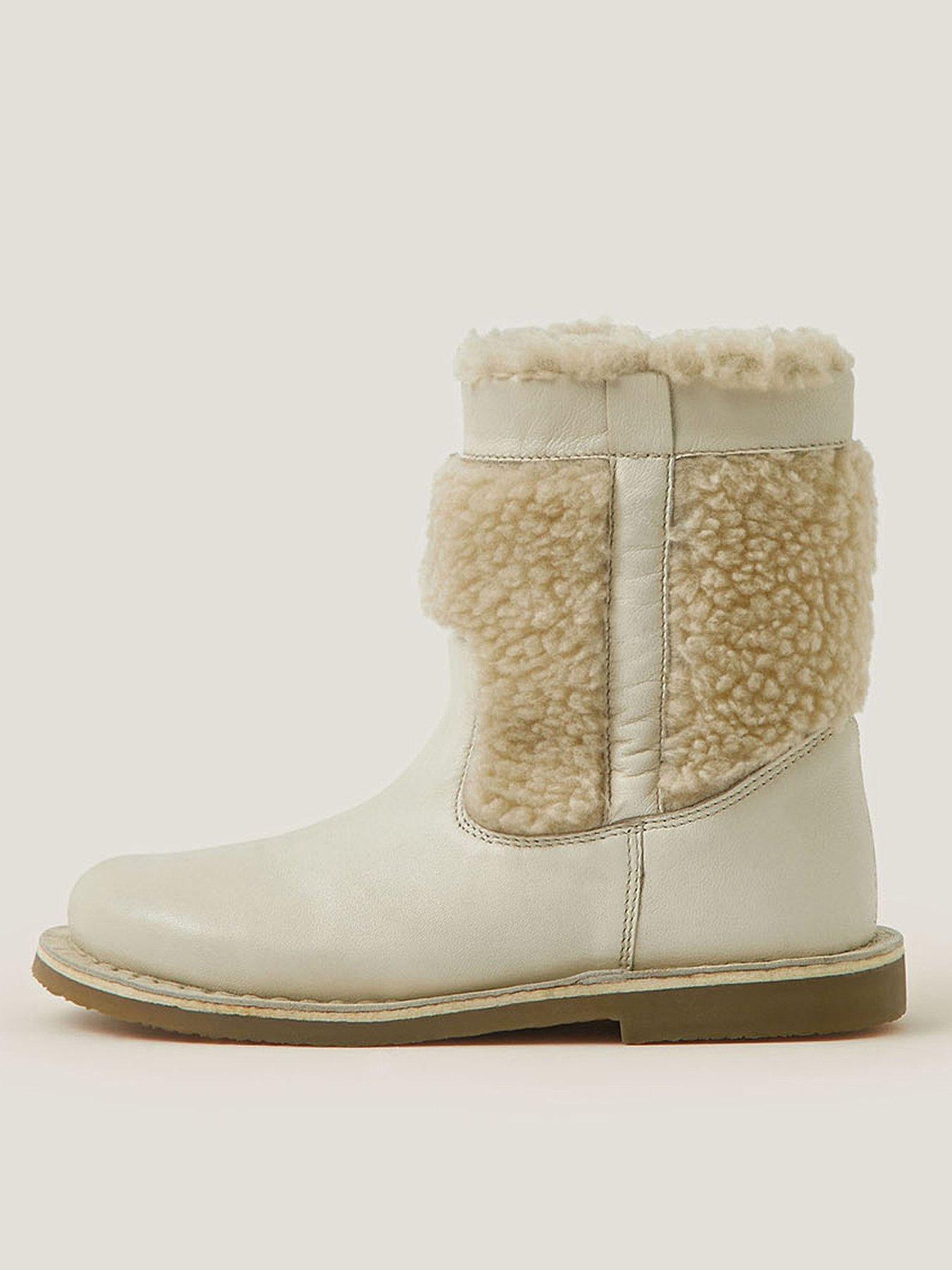 Monsoon Girls Borg Pale Leather Boots - Cream