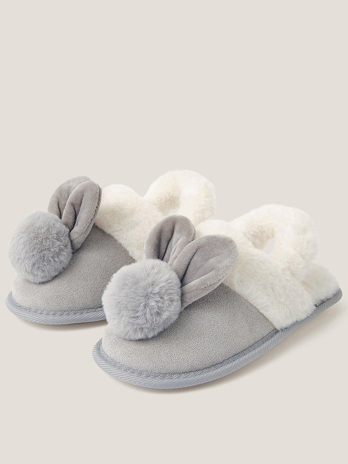 Monsoon Girls Pom Pom Bunny Slippers Grey Very