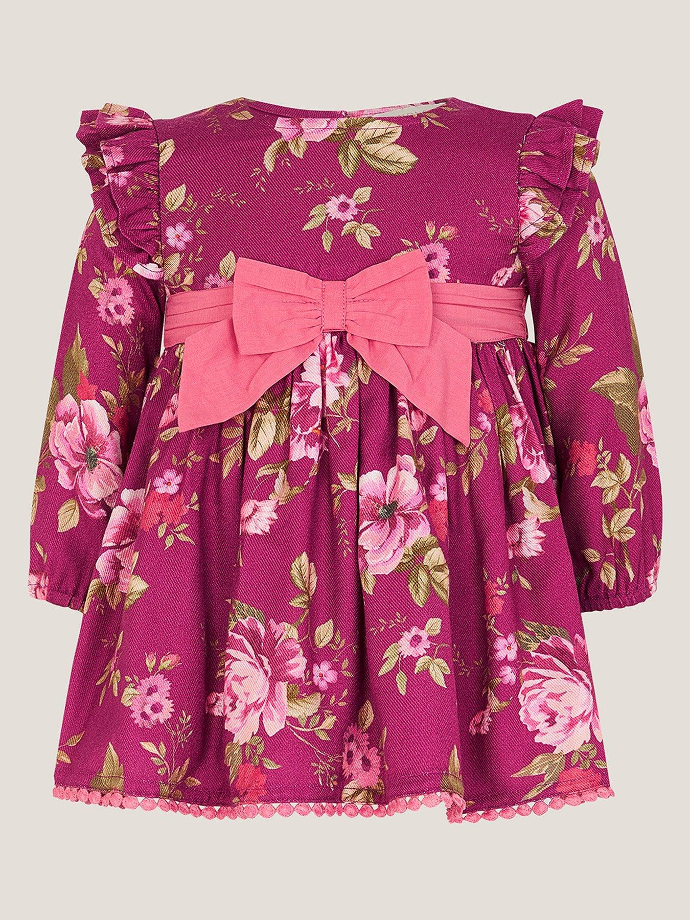 Monsoon Baby Girls Bow Viscose Dress - Dark Red