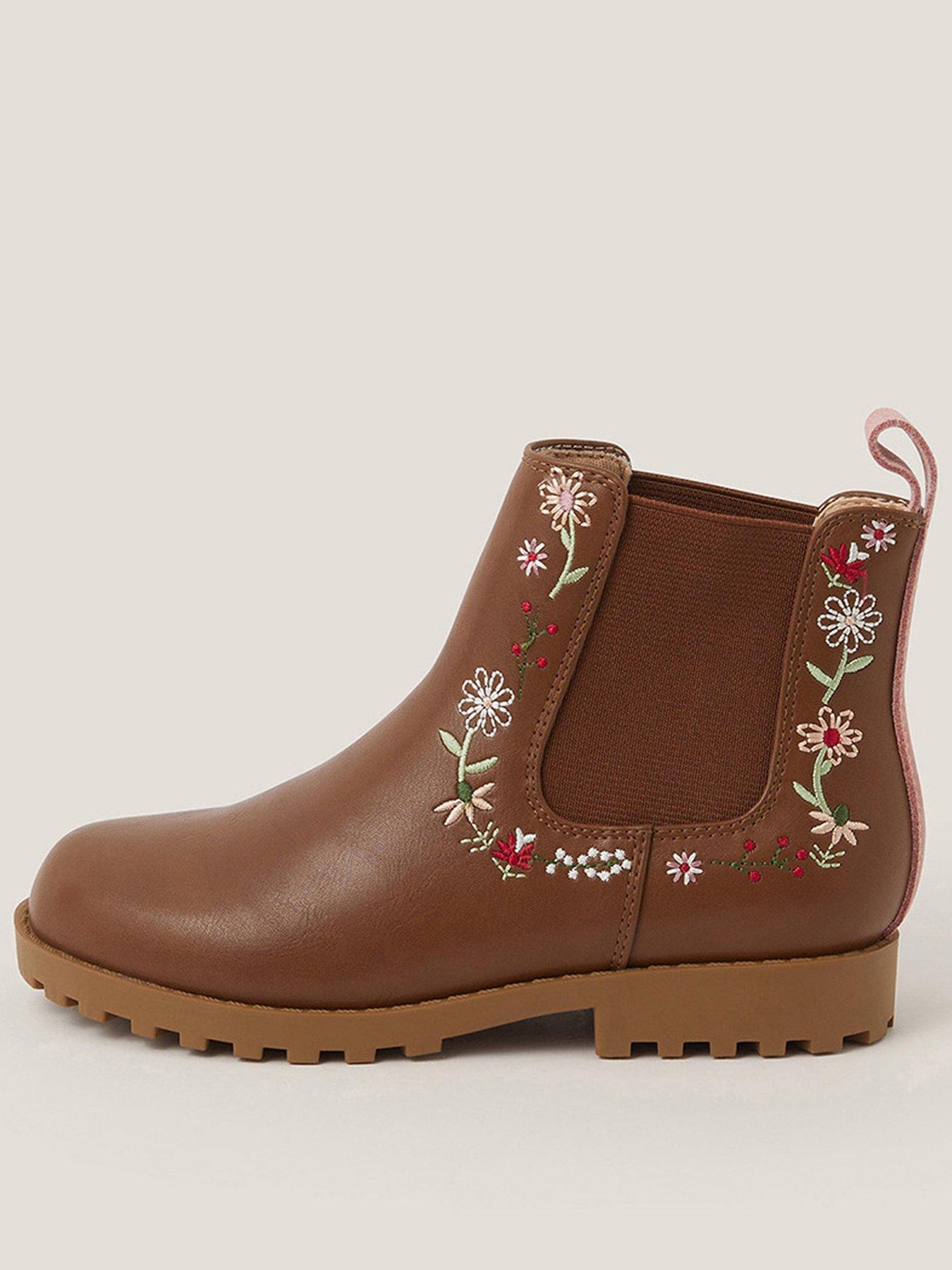 undefined Girls Flower Embroiderd Boots - Brown