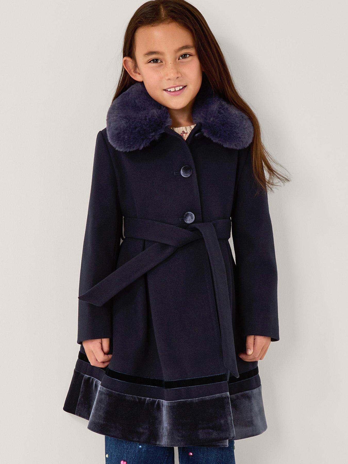 Monsoon Girls Velvet Trim Coat - Navy
