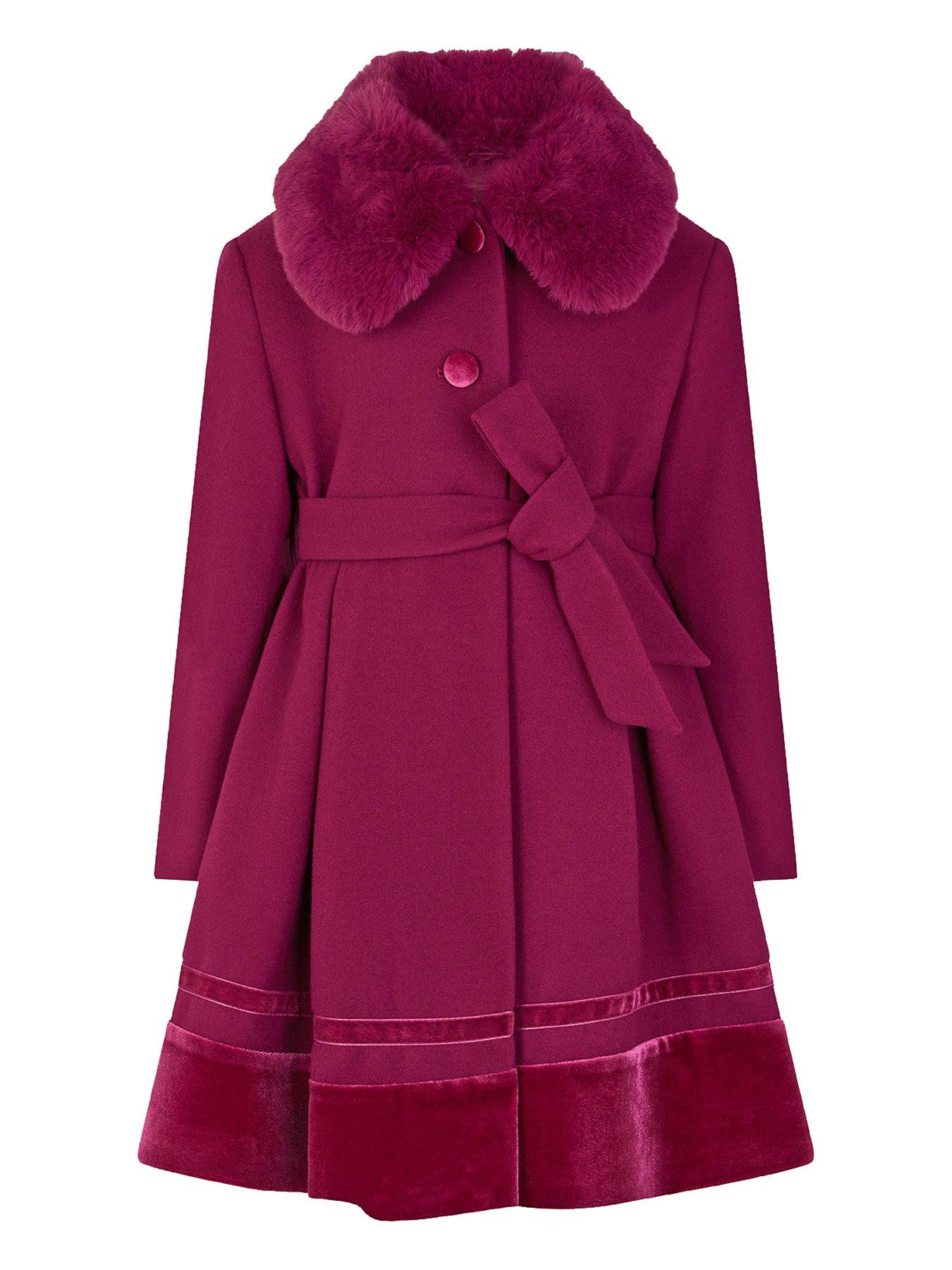 Monsoon Girls Velvet Trim Dress Coat - Dark Red