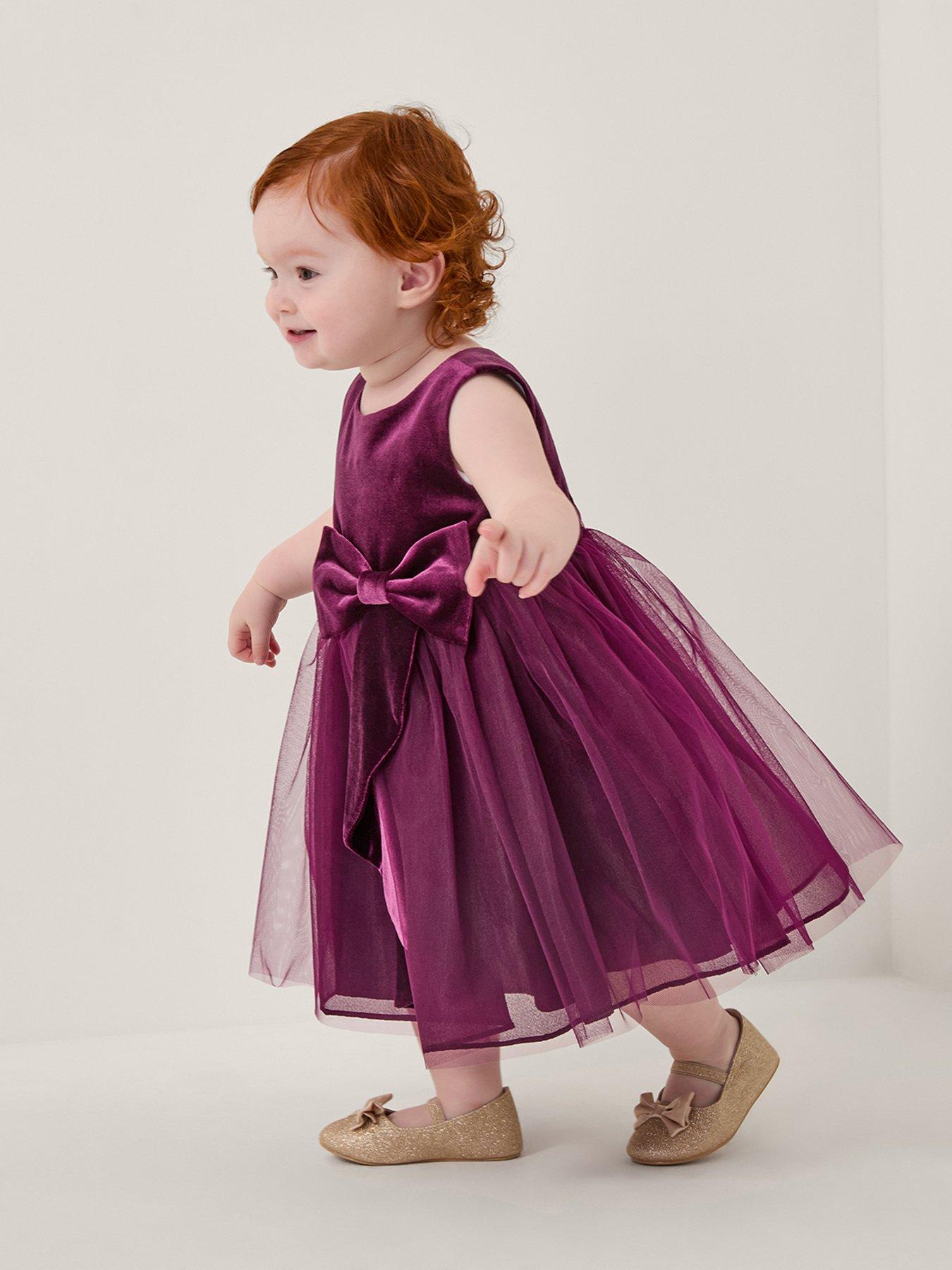 Monsoon Baby Girls Velvet Waterfall Bow Dress Purple Very