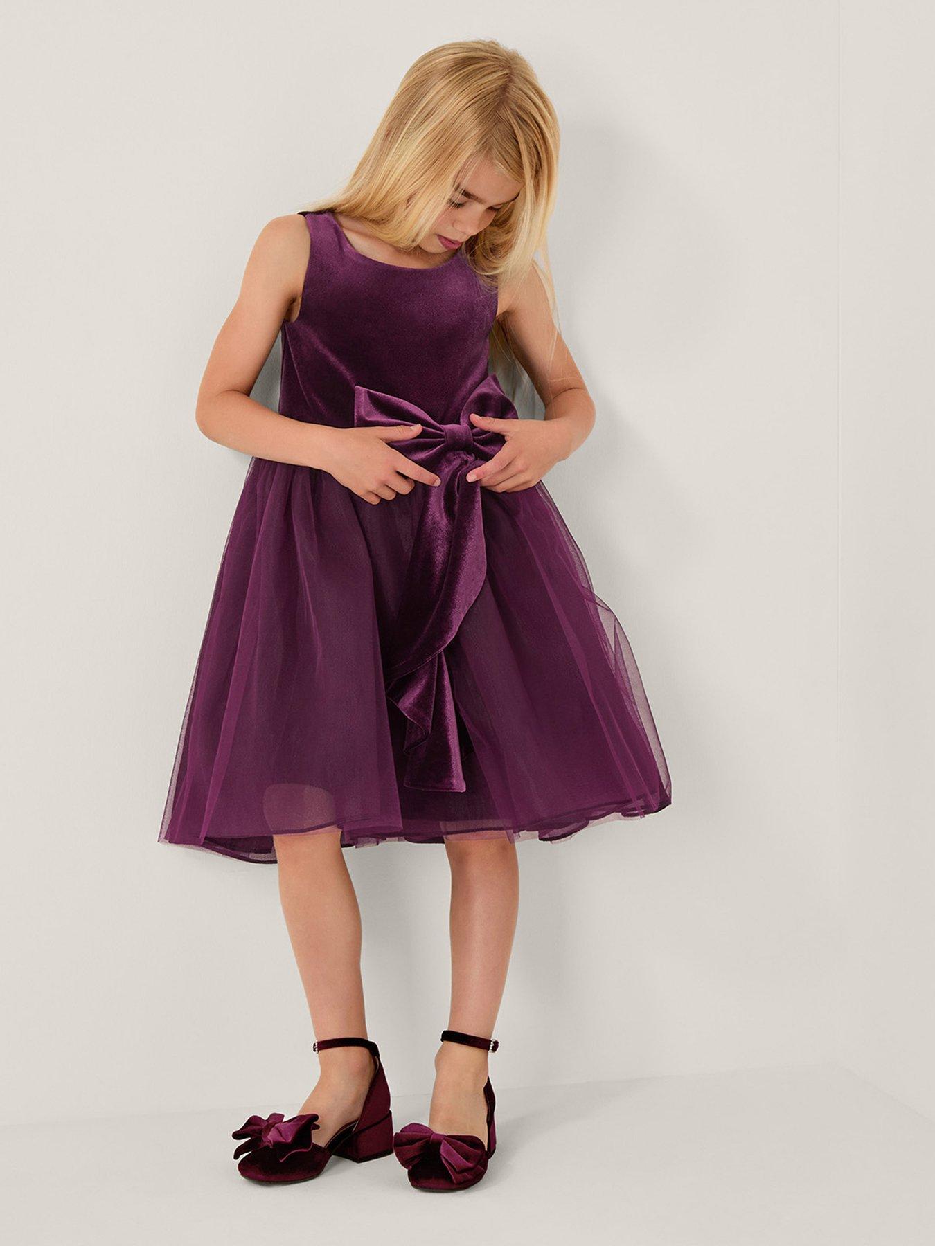 Monsoon Girls Velvet Waterfall Bow Dress - Purple