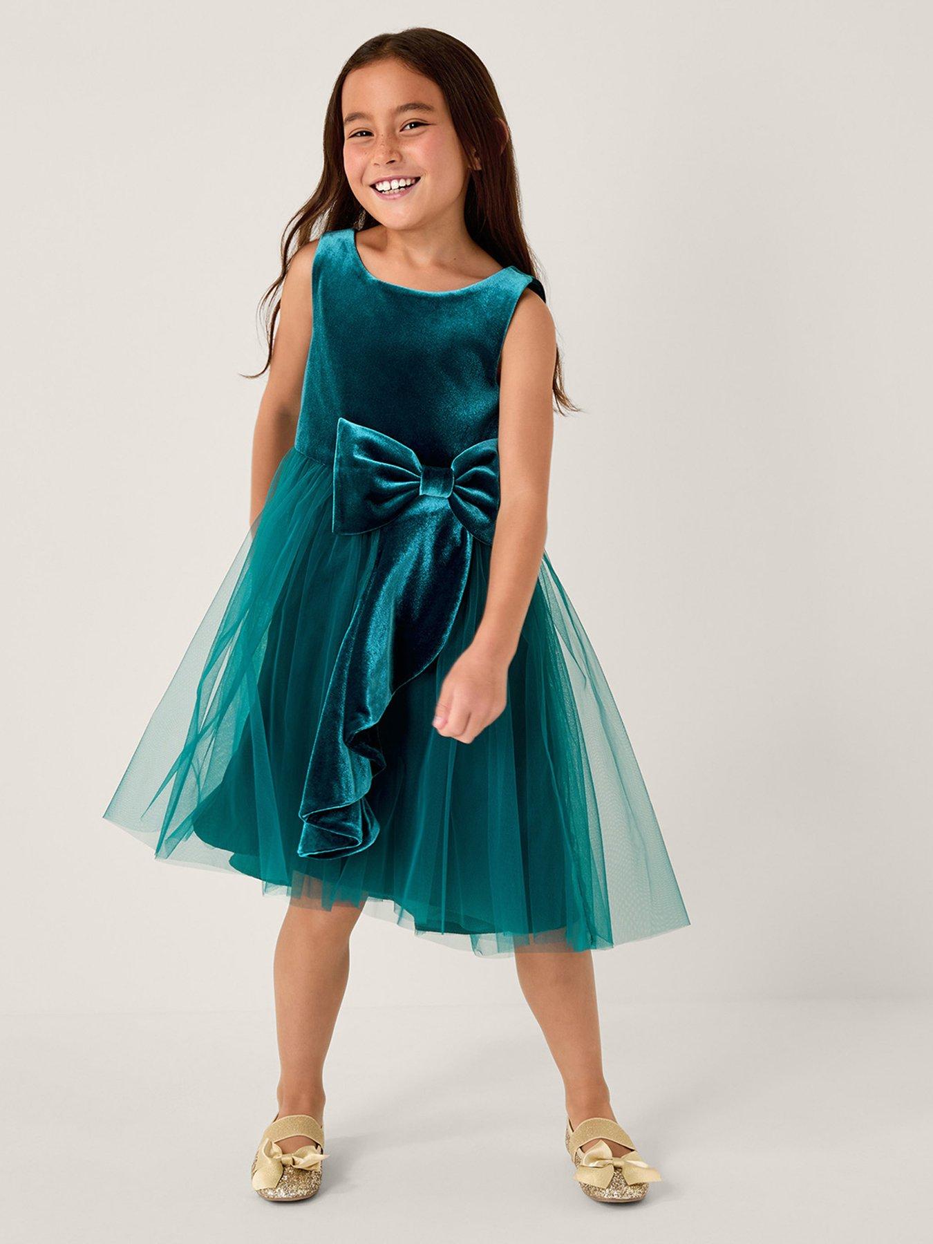 Monsoon Girls Velvet Waterfall Bow Dress Green Very