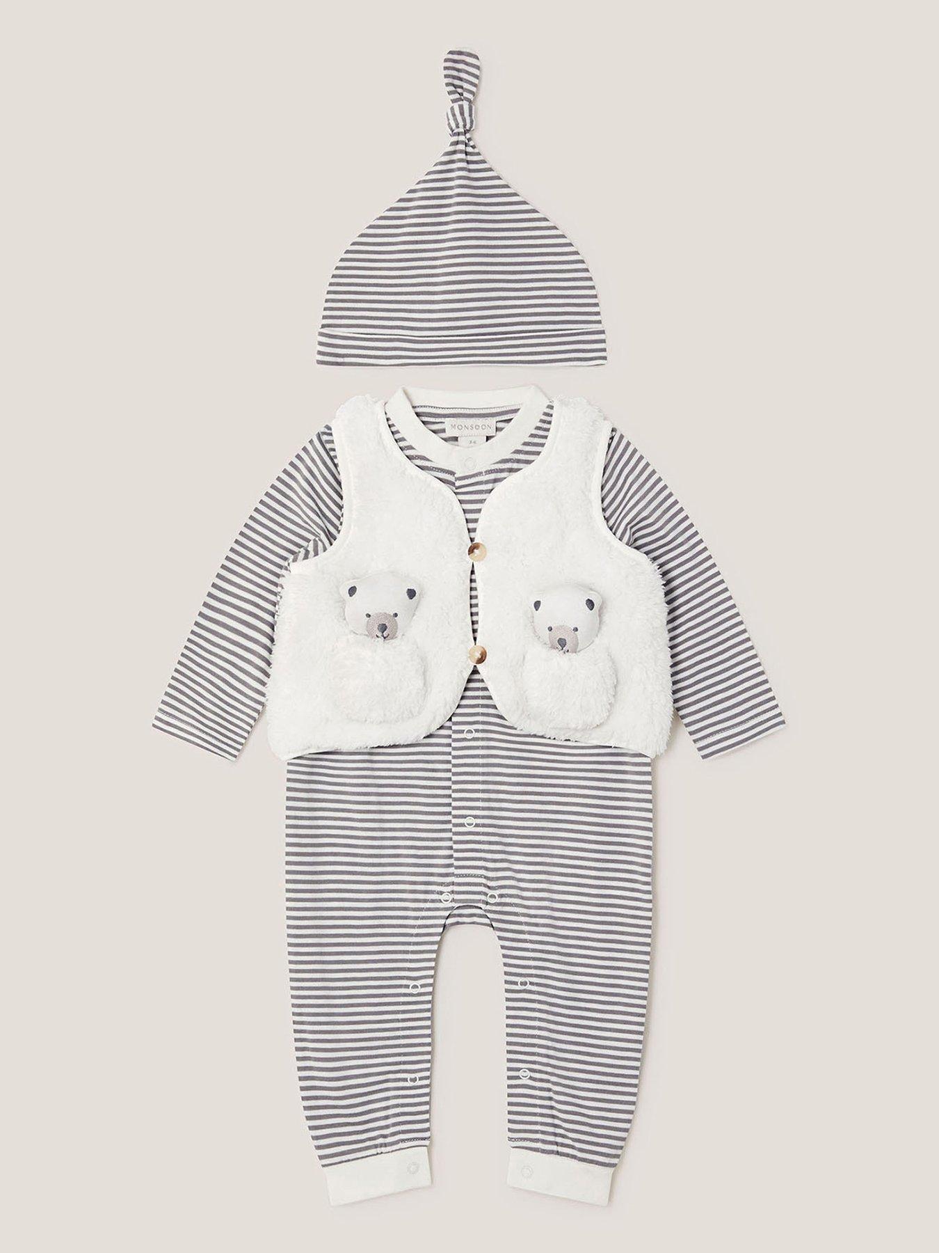 Monsoon Baby Unisex Polar Sleepsuit, Gilet  &  Hat Set - White