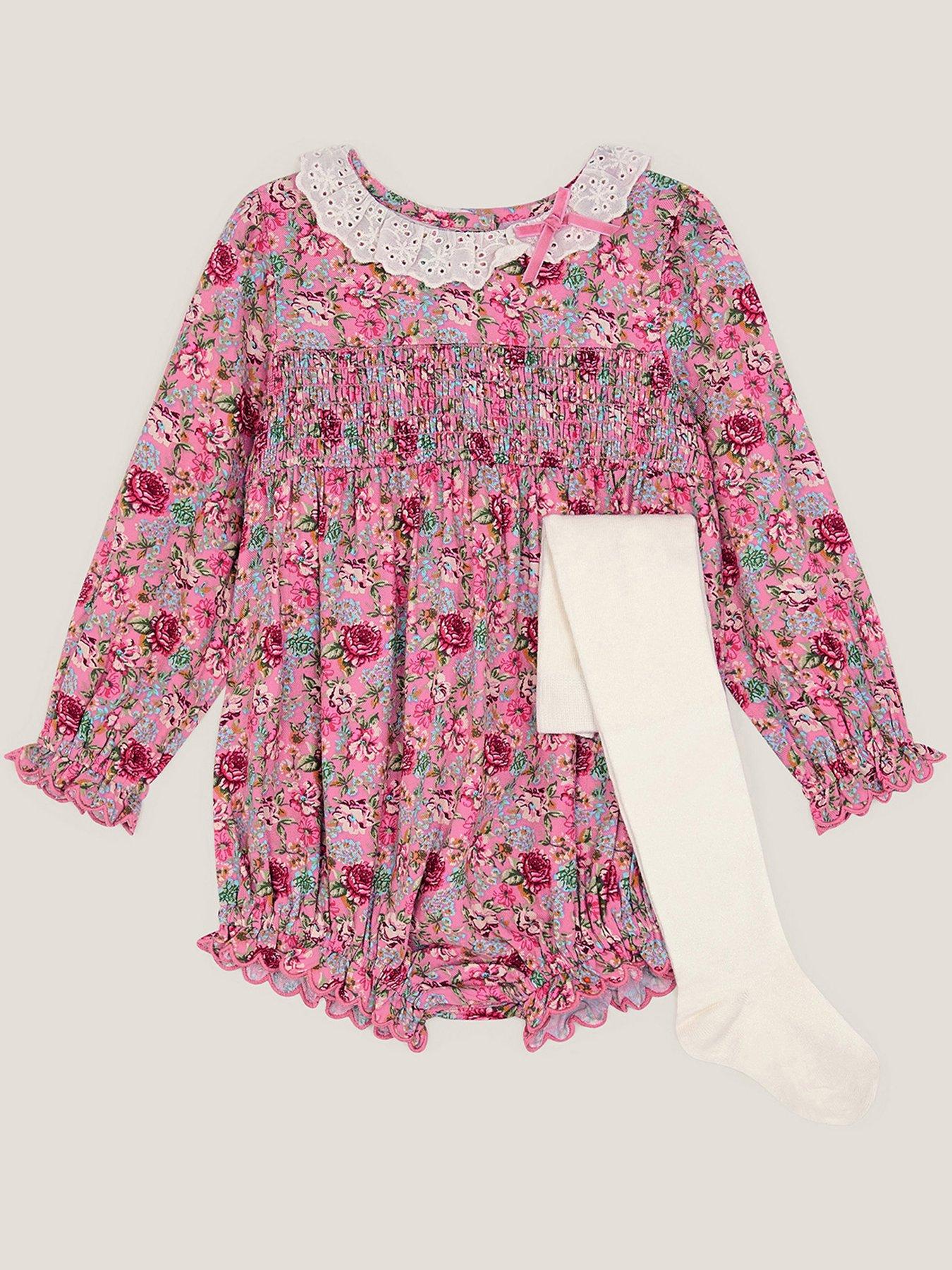 undefined Baby Girls Dollie Ditsy Viscose Romper  &  Tights - Pink