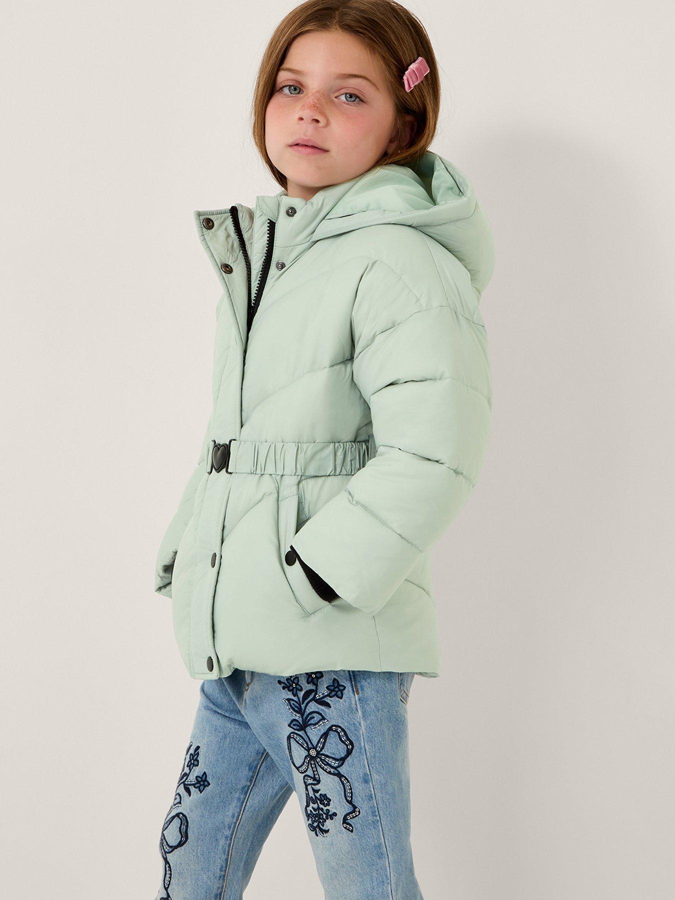 undefined Girls Short Belted Padded Coat - Light Green