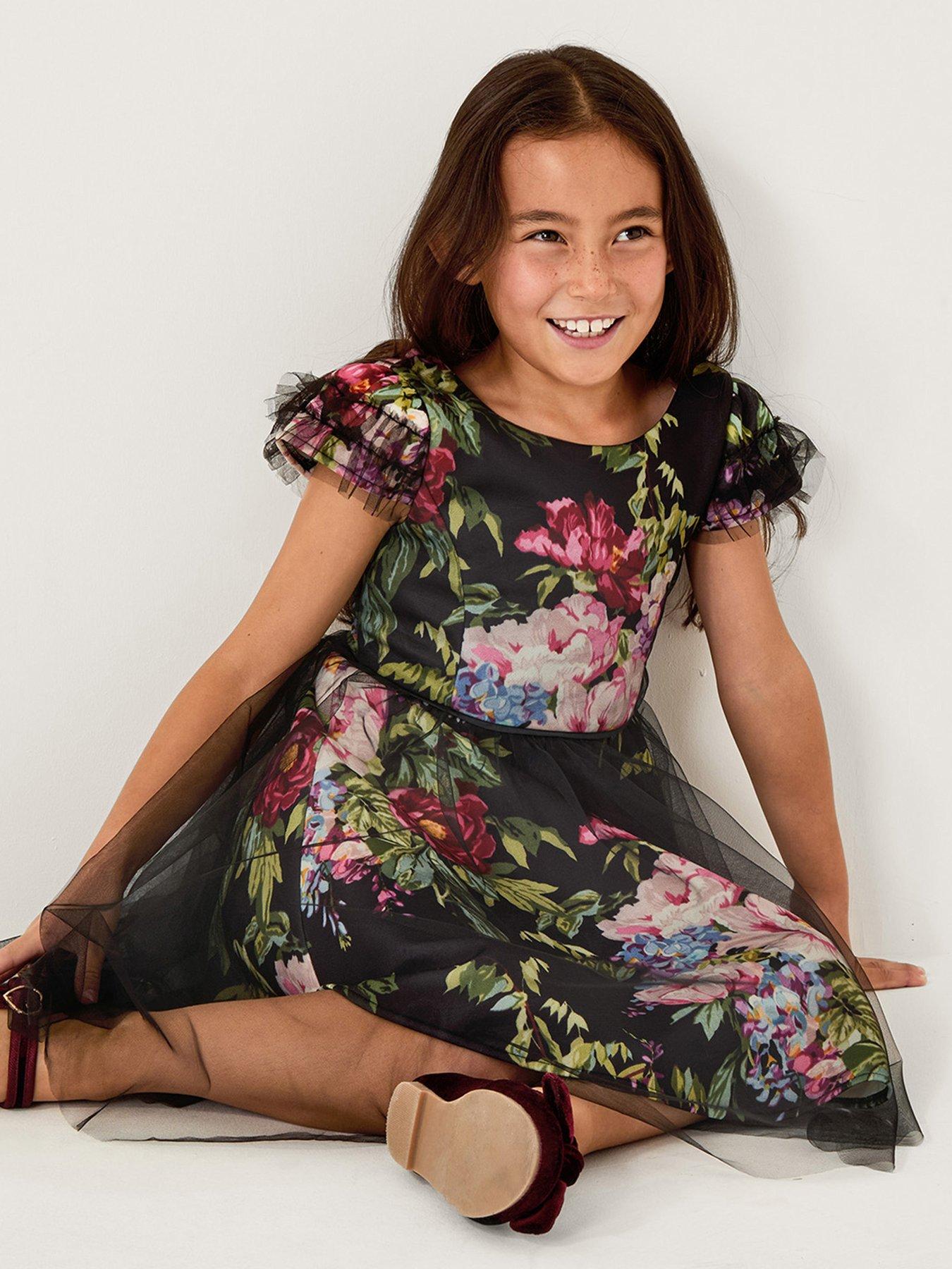 Monsoon Girls Heirloom Bloom Print Scub Dress - Black