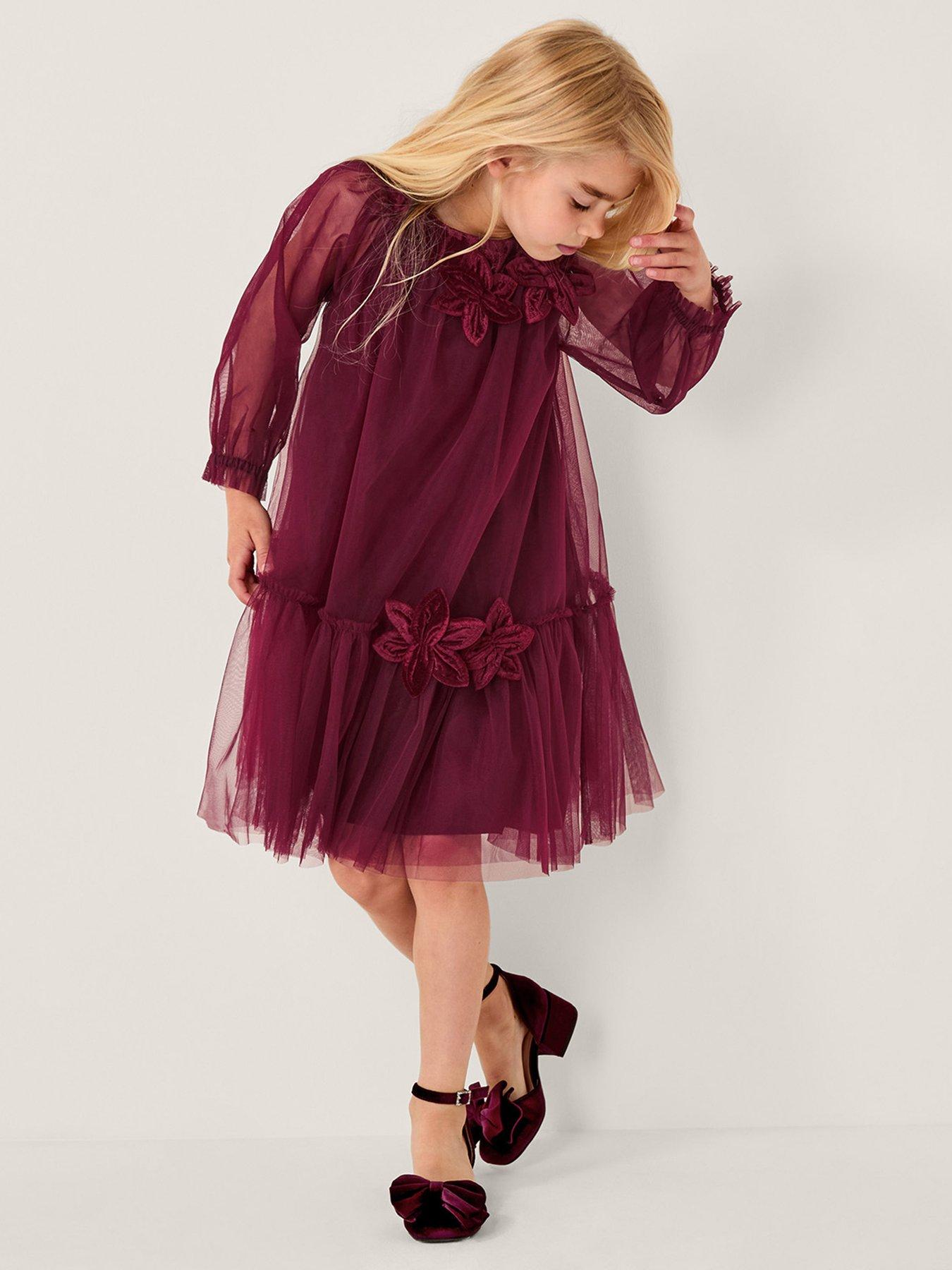 Monsoon Girls Naina Velvet Tulle Swing Dress - Red
