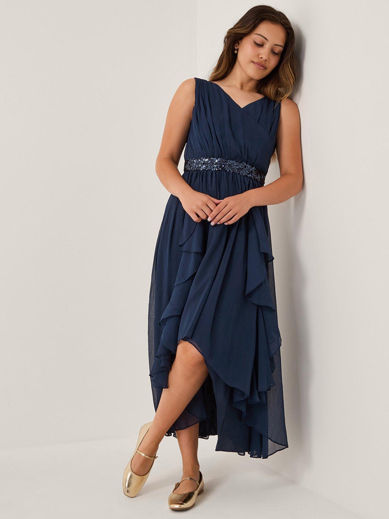 undefined Girls Clemmie Sequin Chiffon Dress - Navy