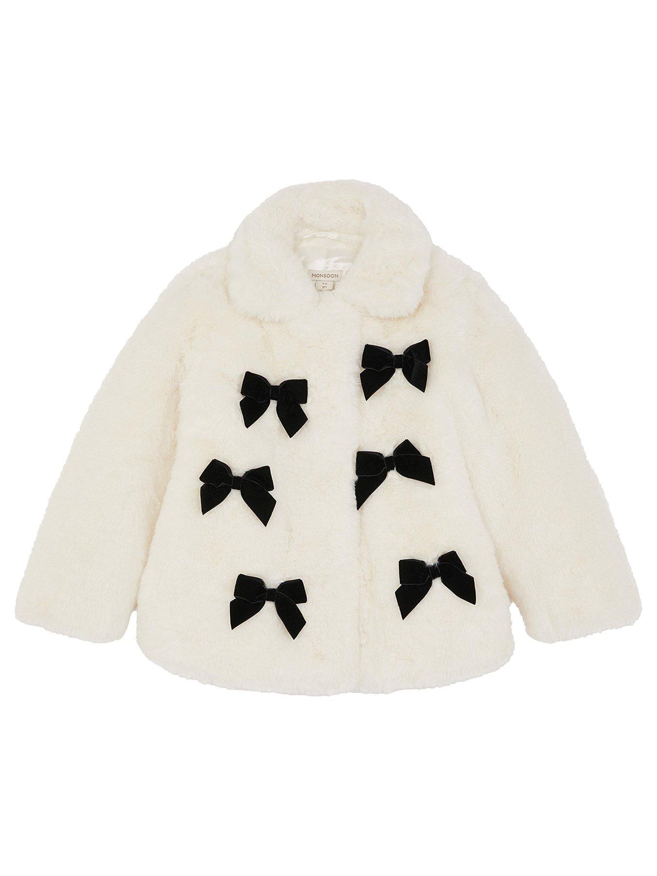 Monsoon Girls Bow Trim Faux Fur Coat - Cream