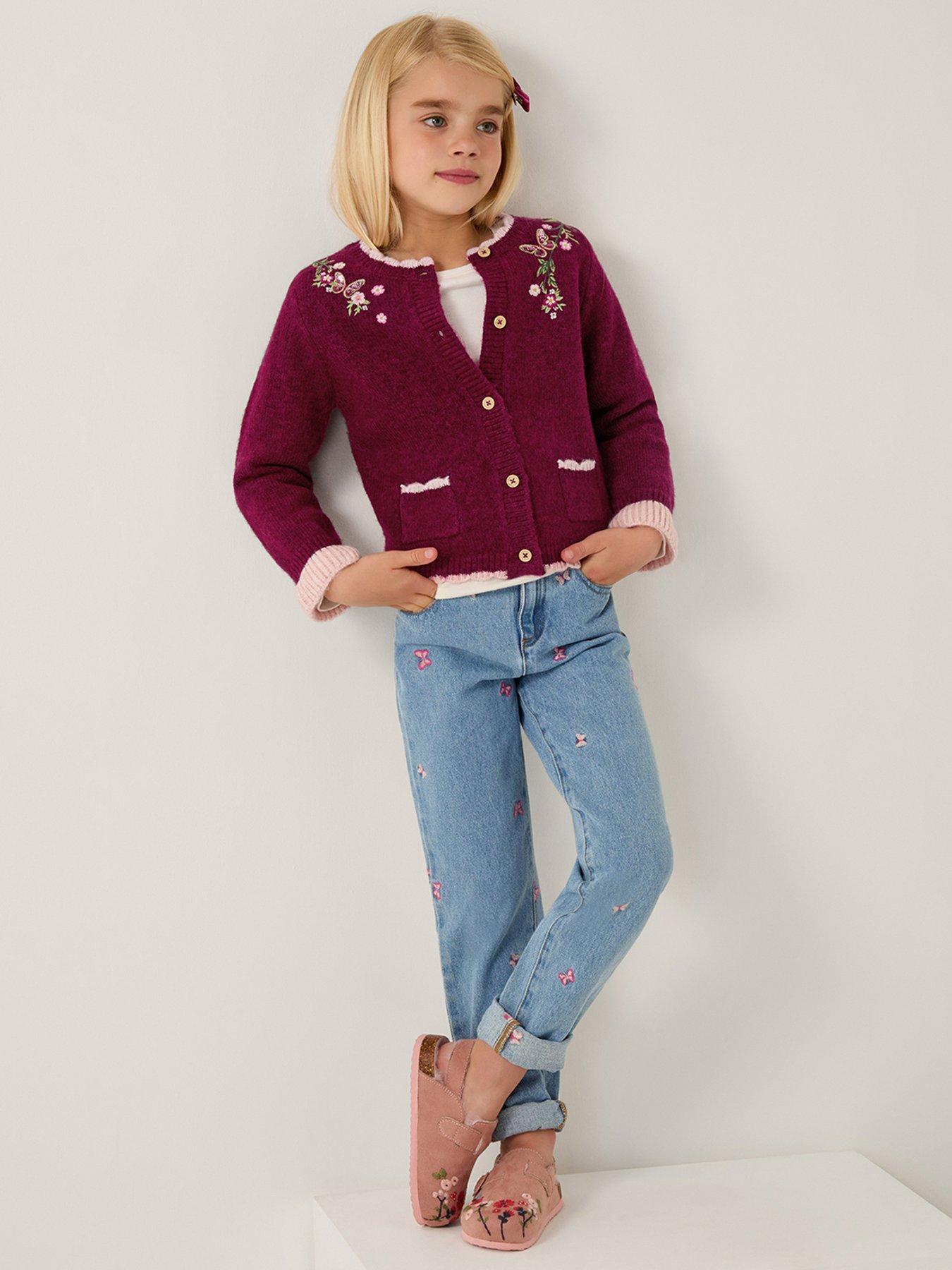 undefined Girls Floral Embroidered Cardigan - Dark Red