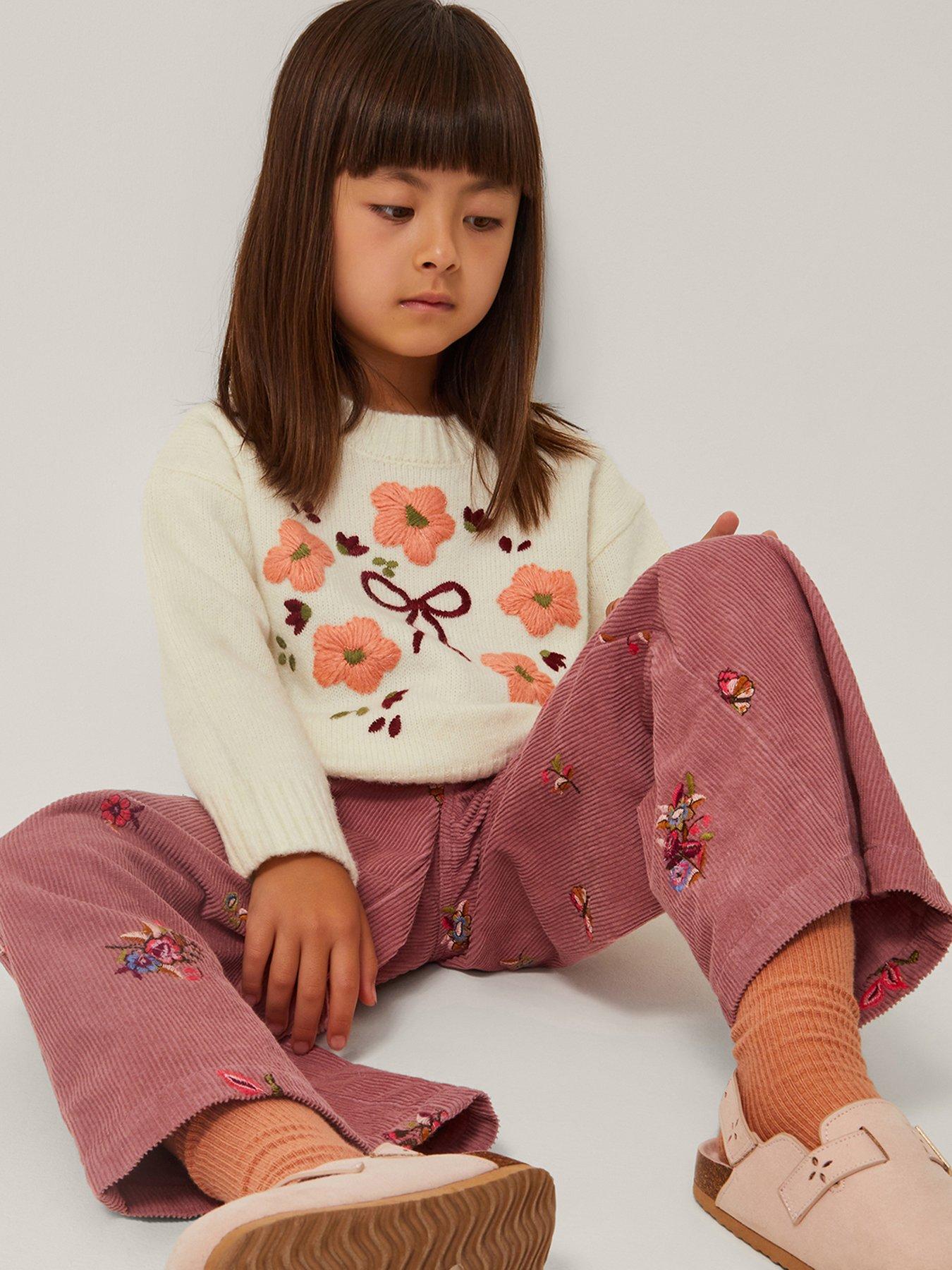 undefined Girls Chunky Floral Embroidered Knit Jumper - Light Cream