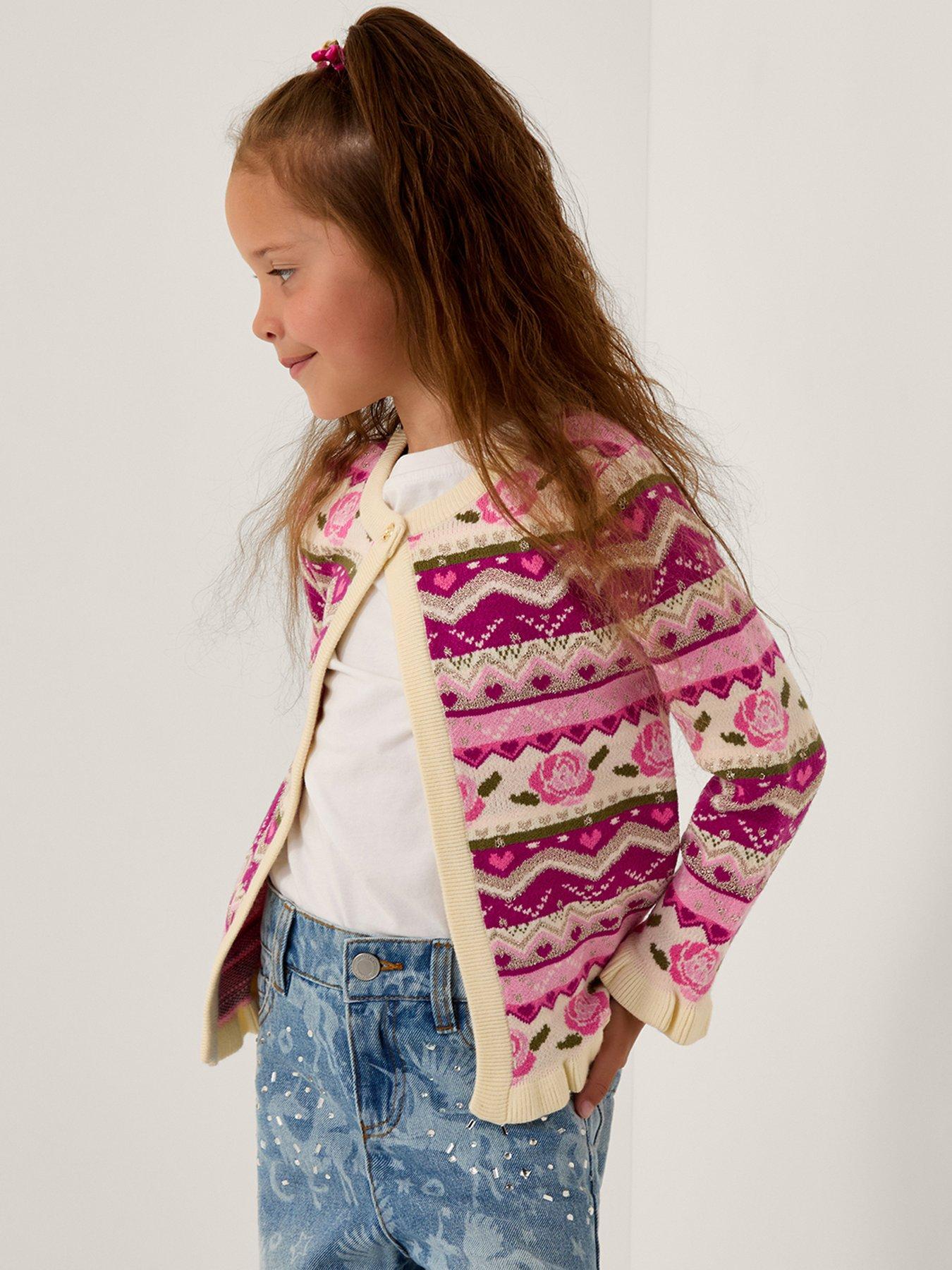 undefined Girls Rose All Over Edge Knitted Cardigan - Pink
