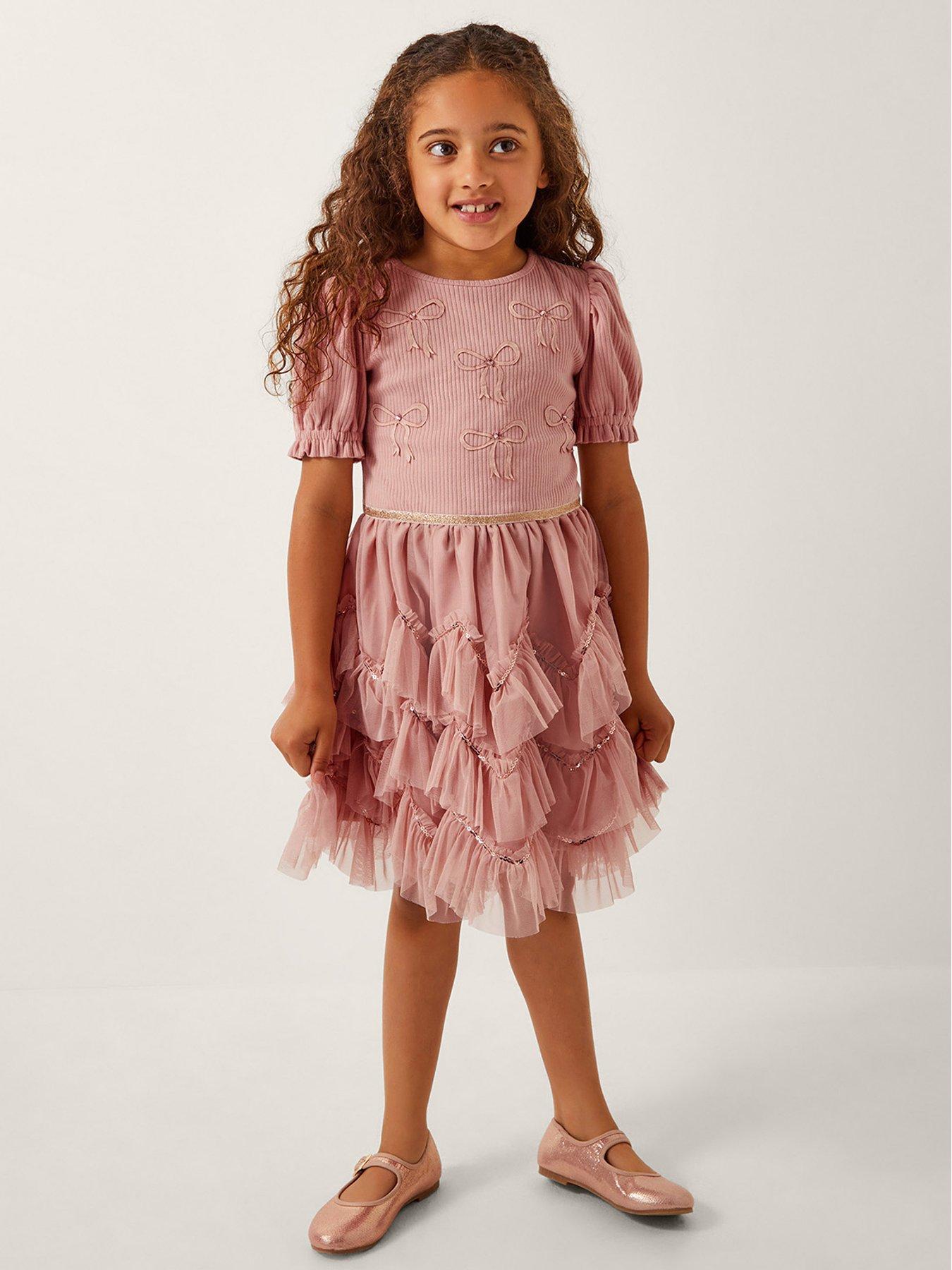 undefined Girls Ribbed Bow 2 In 1 Dress - Pink
