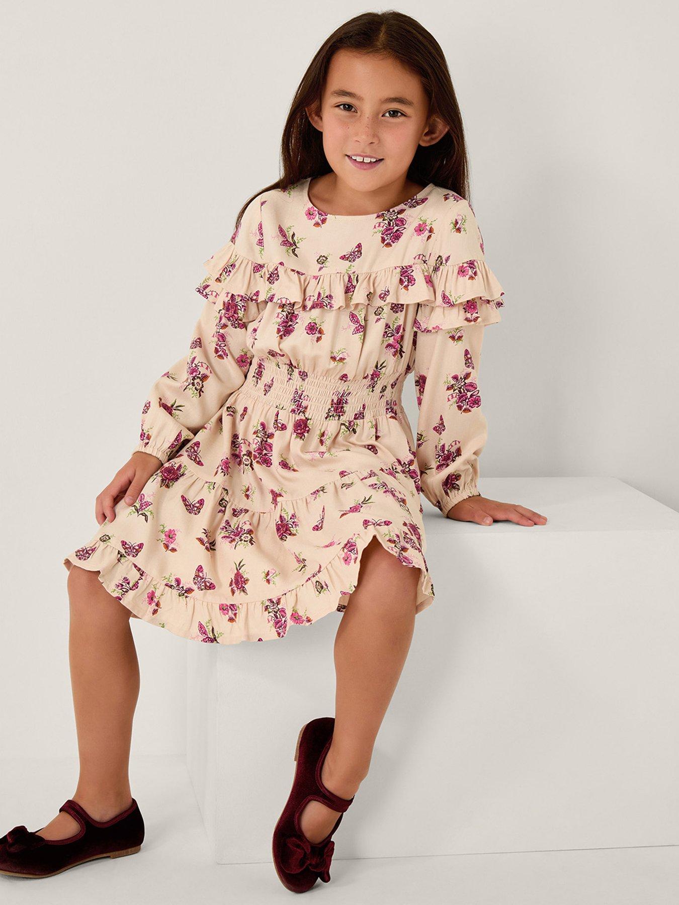 undefined Girls Butterfly Floral Twill Dress - Light Cream