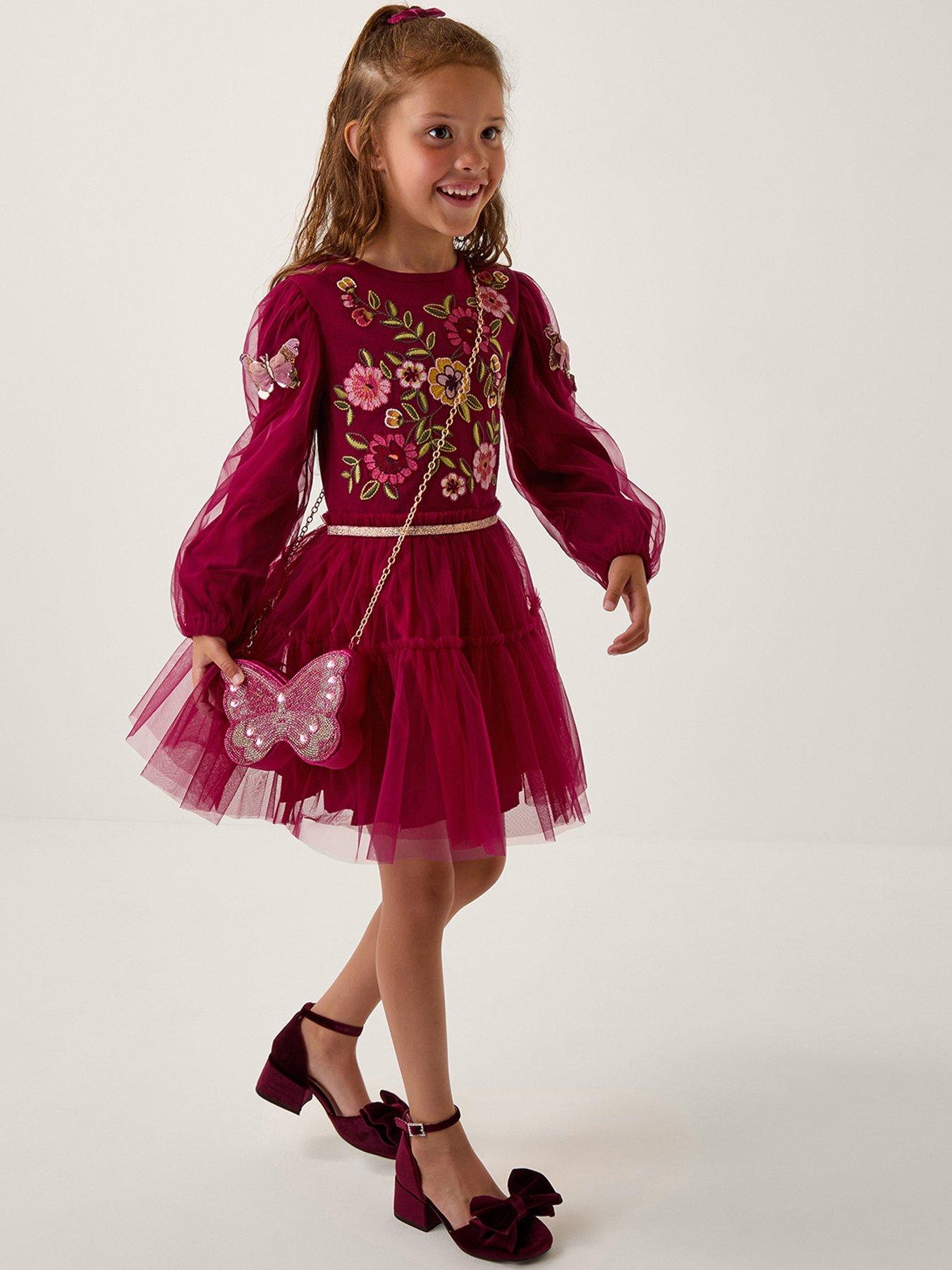undefined Girls Embroidered Butterfly Disco Dress - Dark Red