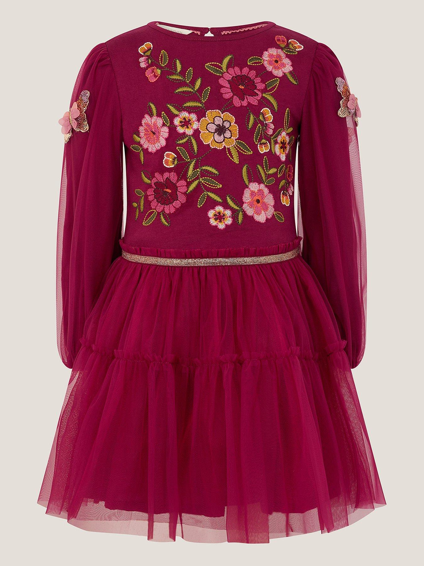 Monsoon Girls Embroidered Butterfly Disco Dress Dark Red Very