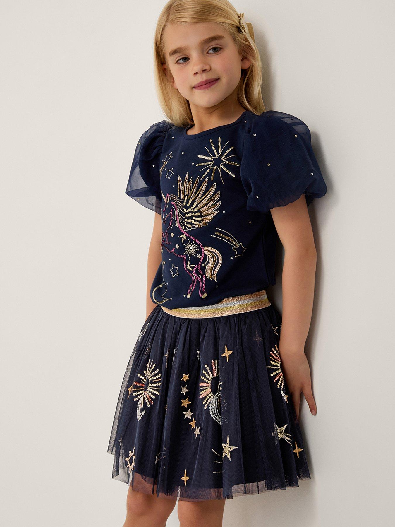 undefined Girls Cosmic Embroidered Mesh Skirt - Navy