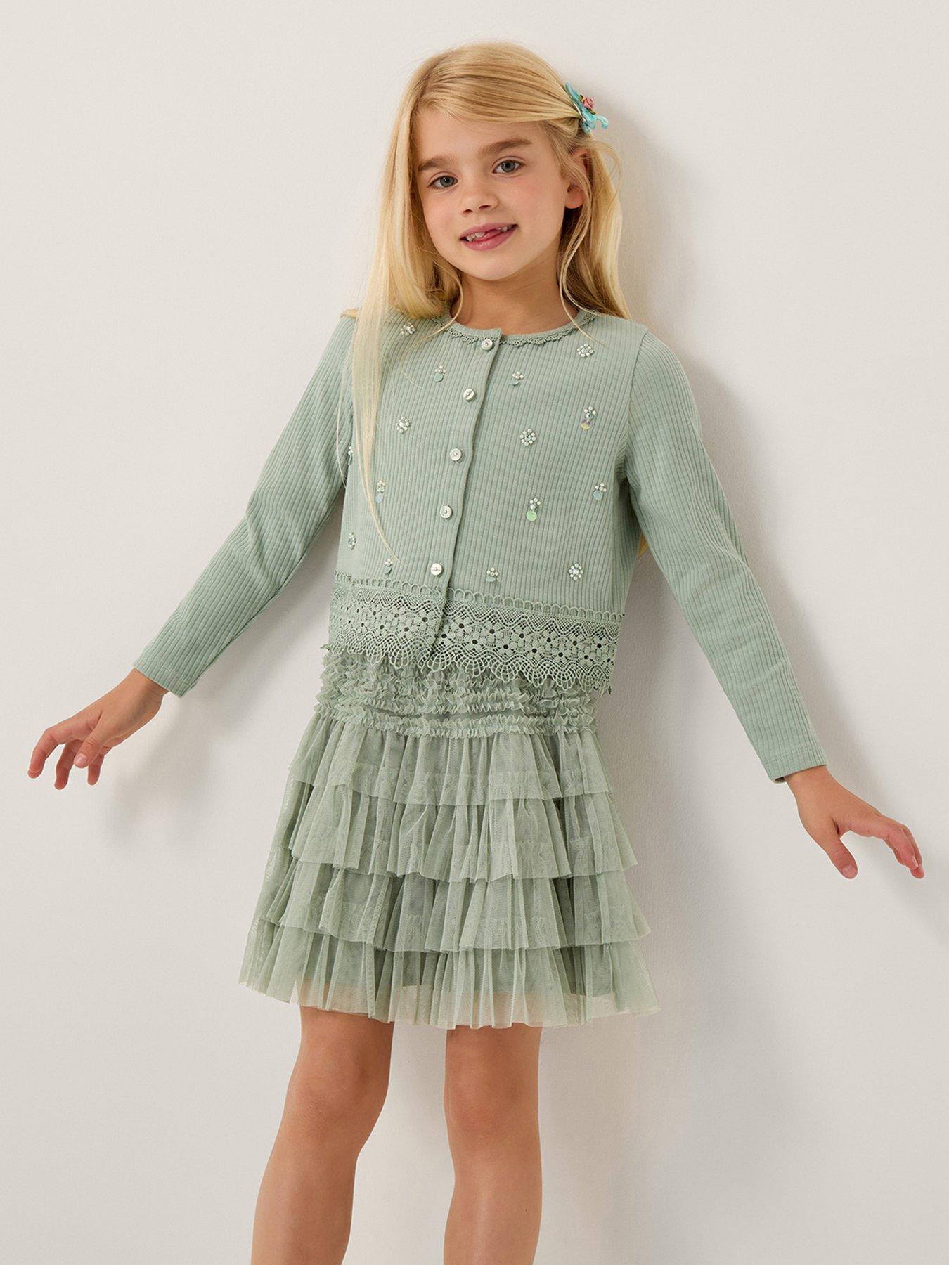 undefined Girls Embroidered Rib Cardigan and Mesh Skirt Set - Light Green