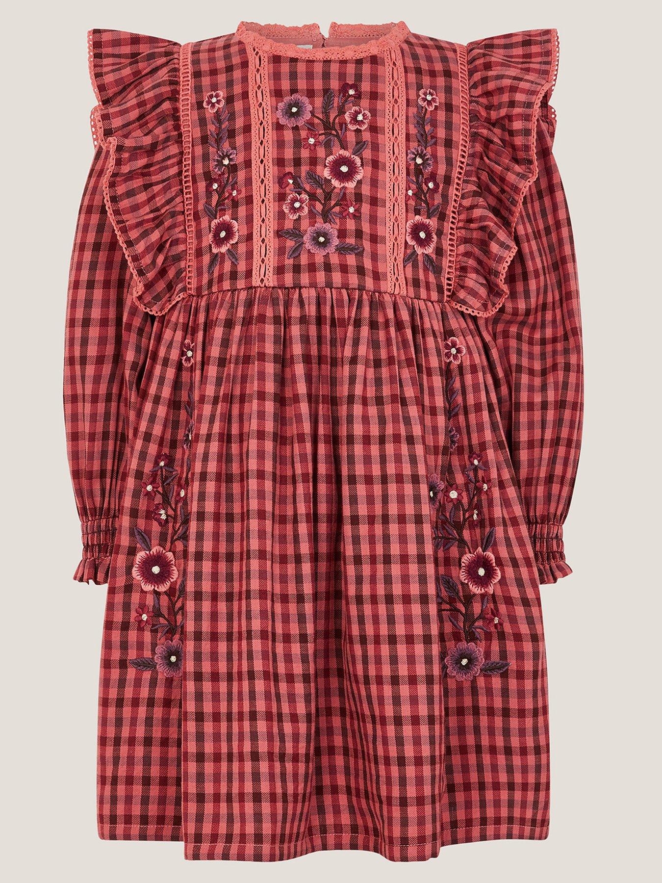 undefined Girls Rust Check Embroidered Dress - Brown