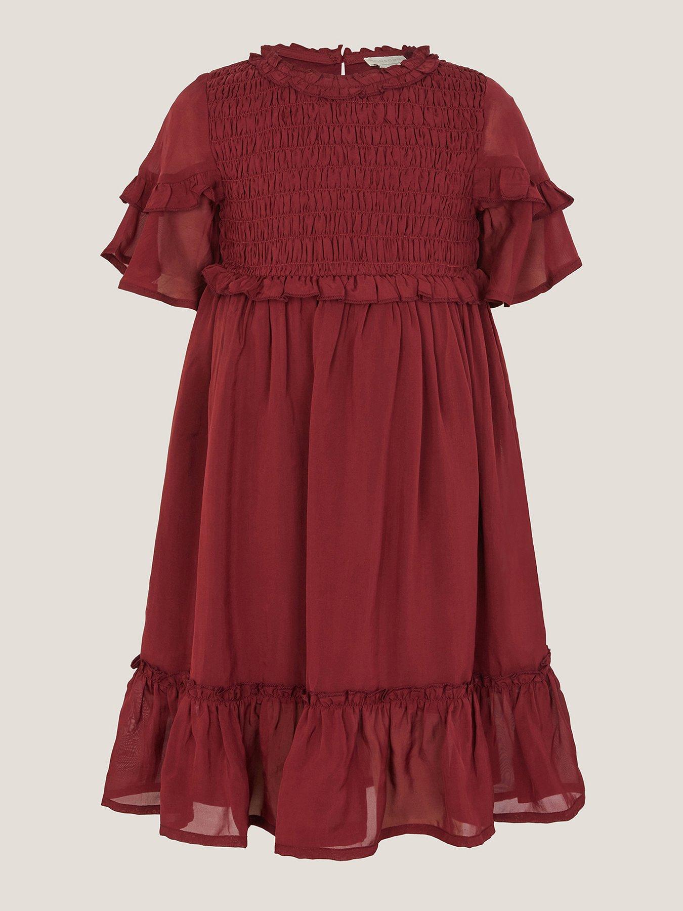 Monsoon Girls Satin Smocked Dress - Dark Red