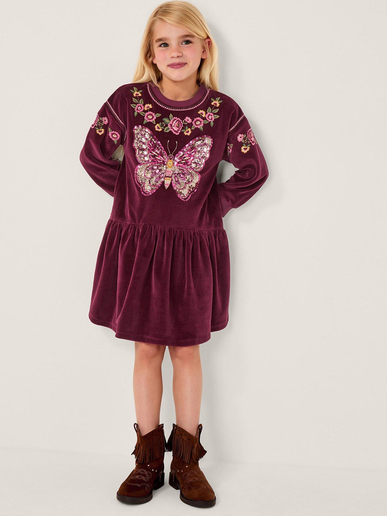 undefined Girls Butterfly Velour Embellished Dress - Dark Red