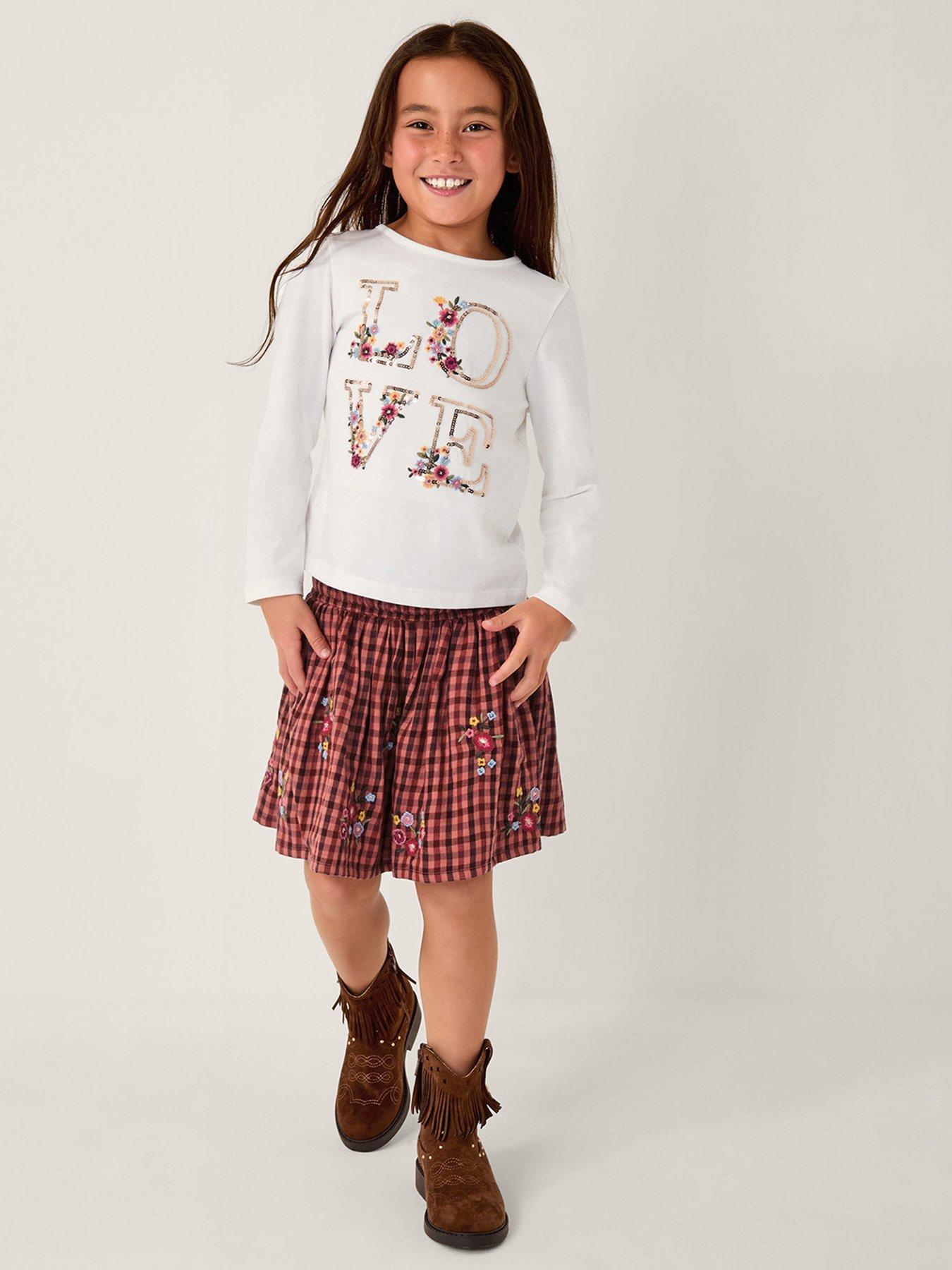 Monsoon Girls Love Rust Check Skirt Set - Light Cream