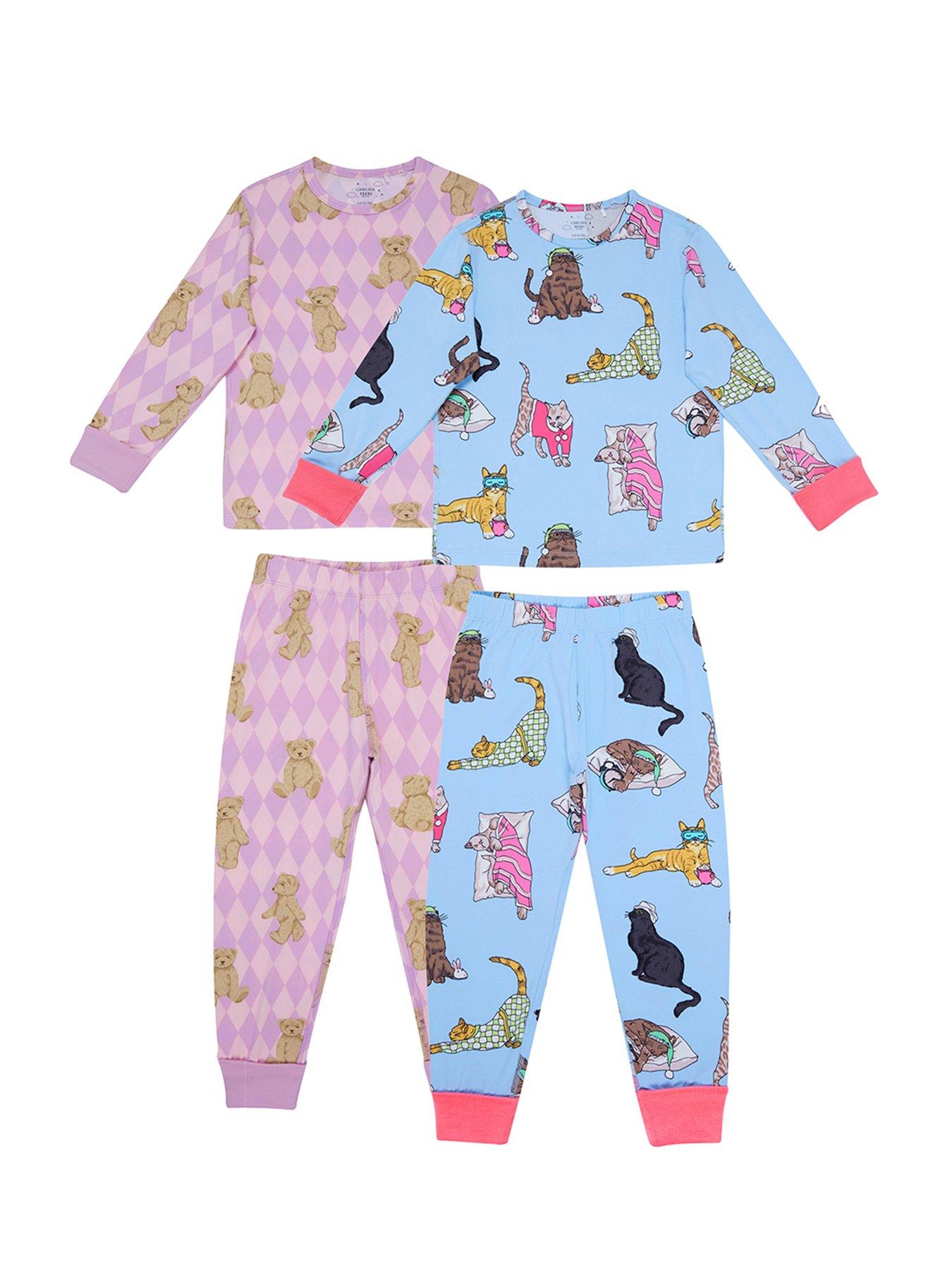undefined Unisex Kids 2 Pack Argyle Bear And Sleeping Cats Pyjamas - Light Purple