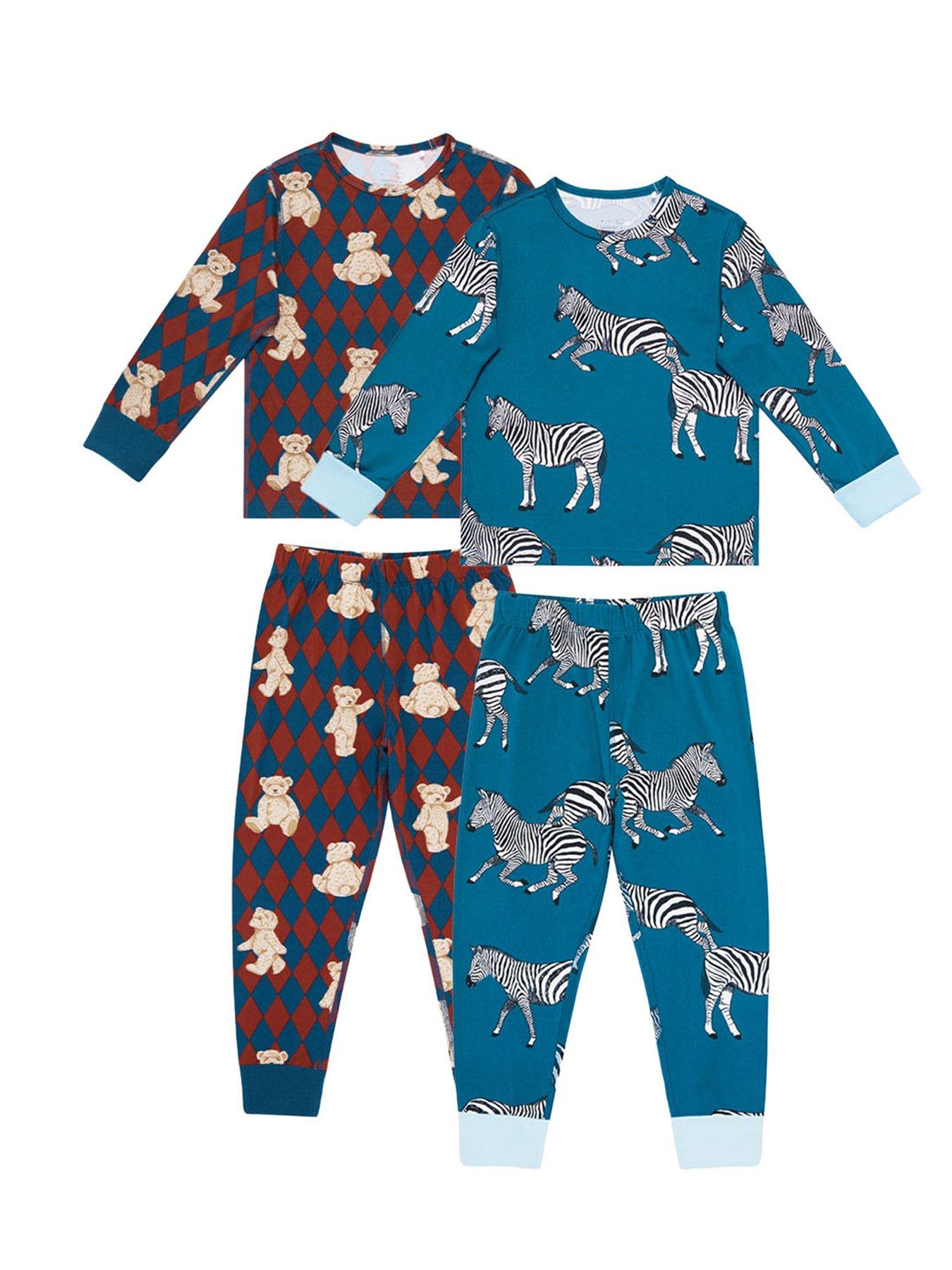 undefined Unisex Kids 2 Pack Argyle Bear And Zebra Print Pyjamas - Multi