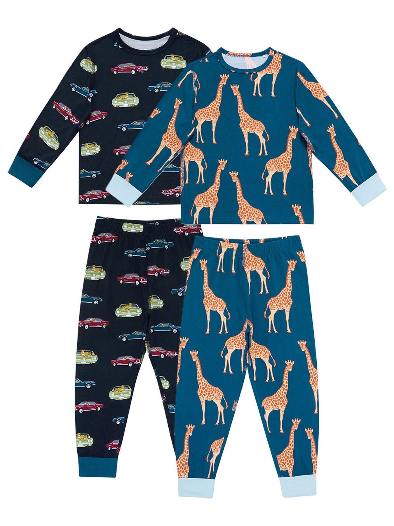 Image 1 of 3 of CHELSEA PEERS Unisex Kids 2 Pack Car And Giraffe Print Pyjamas - Navy