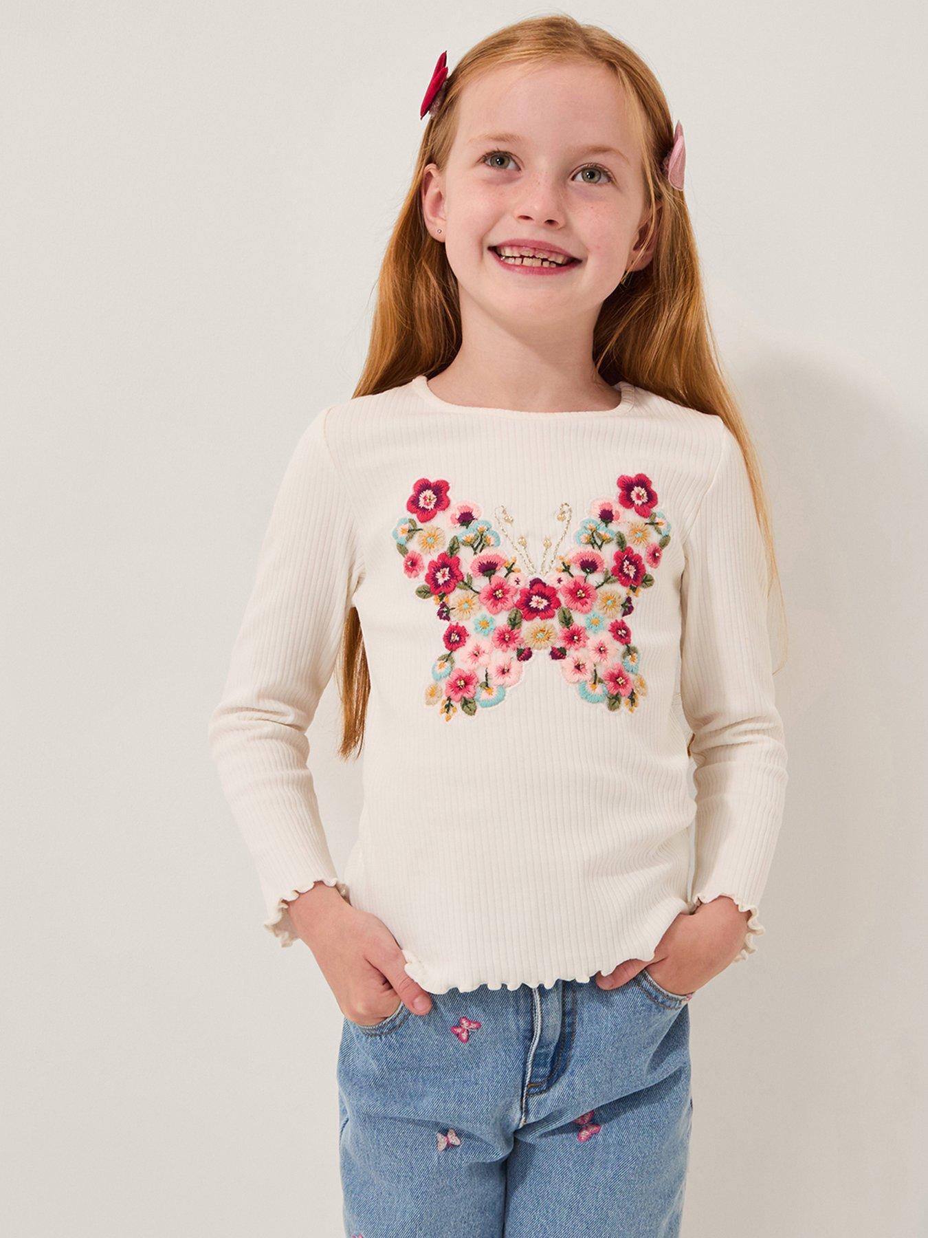 undefined Girls Butterfly Embroidered Ribbed Top - Light Cream