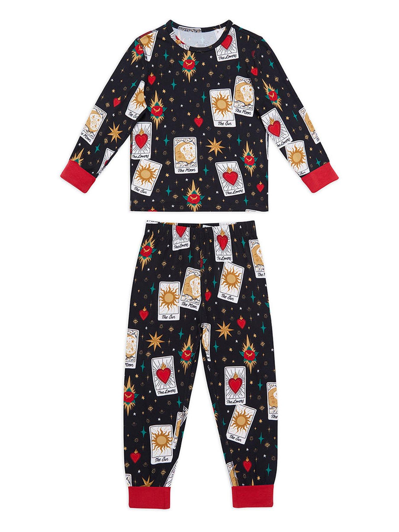 Image 1 of 3 of CHELSEA PEERS Unisex Kids Tarot Card Print Pyjamas With Extendable Cuffs - Black