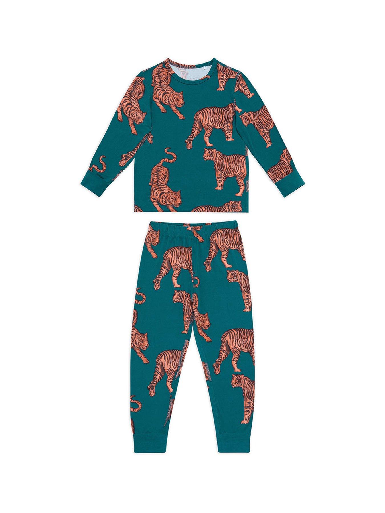 undefined Unisex Kids Tiger Print Pyjamas With Extendable Cuffs - Green