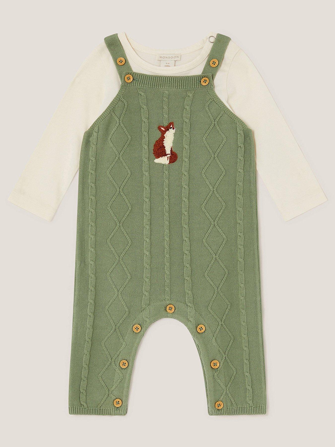 Monsoon Baby Boys Knitted Fox Dungaree Set - Green