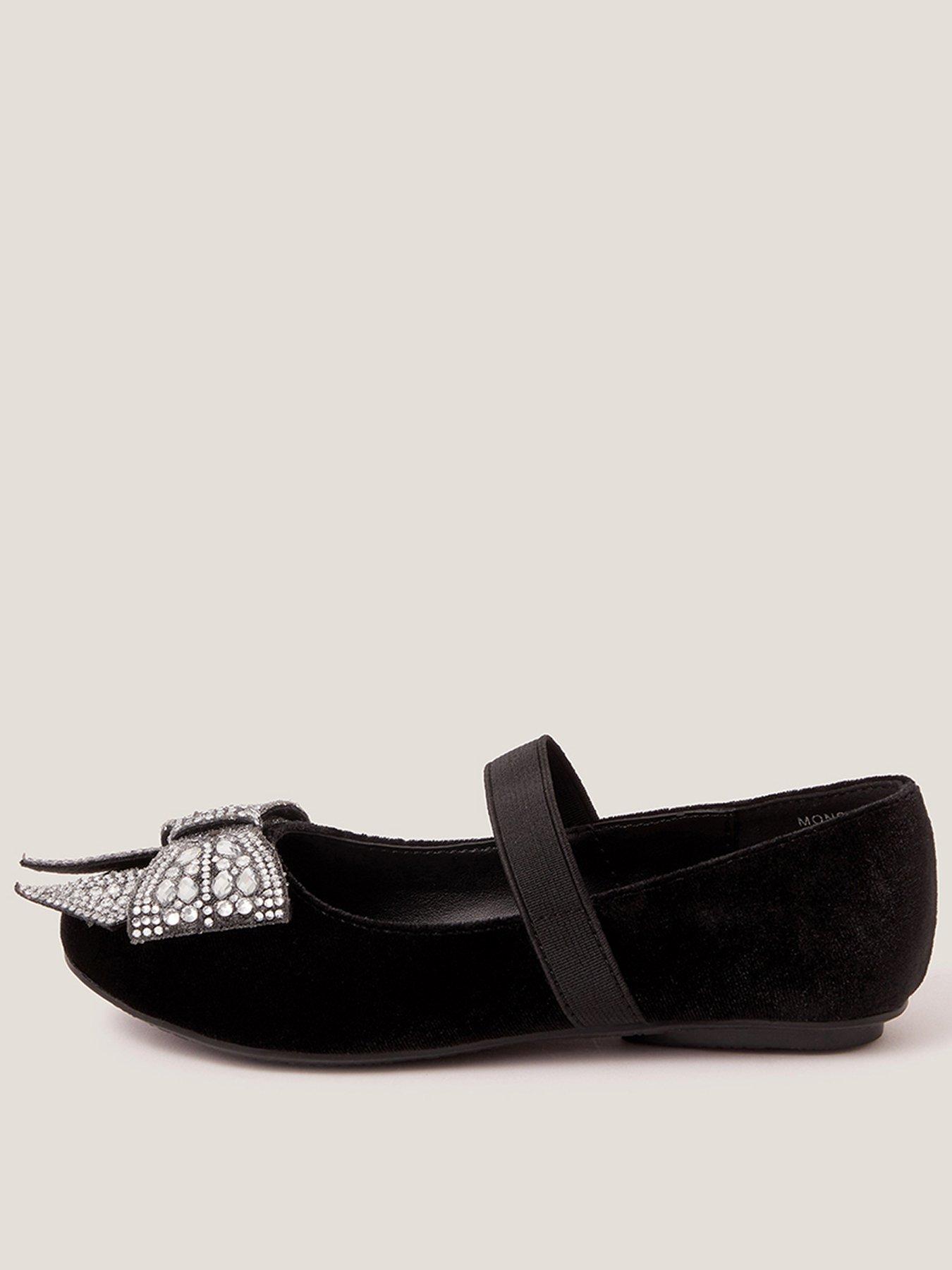 undefined Girls Velvet Ballerina Shoes With Bow - Black