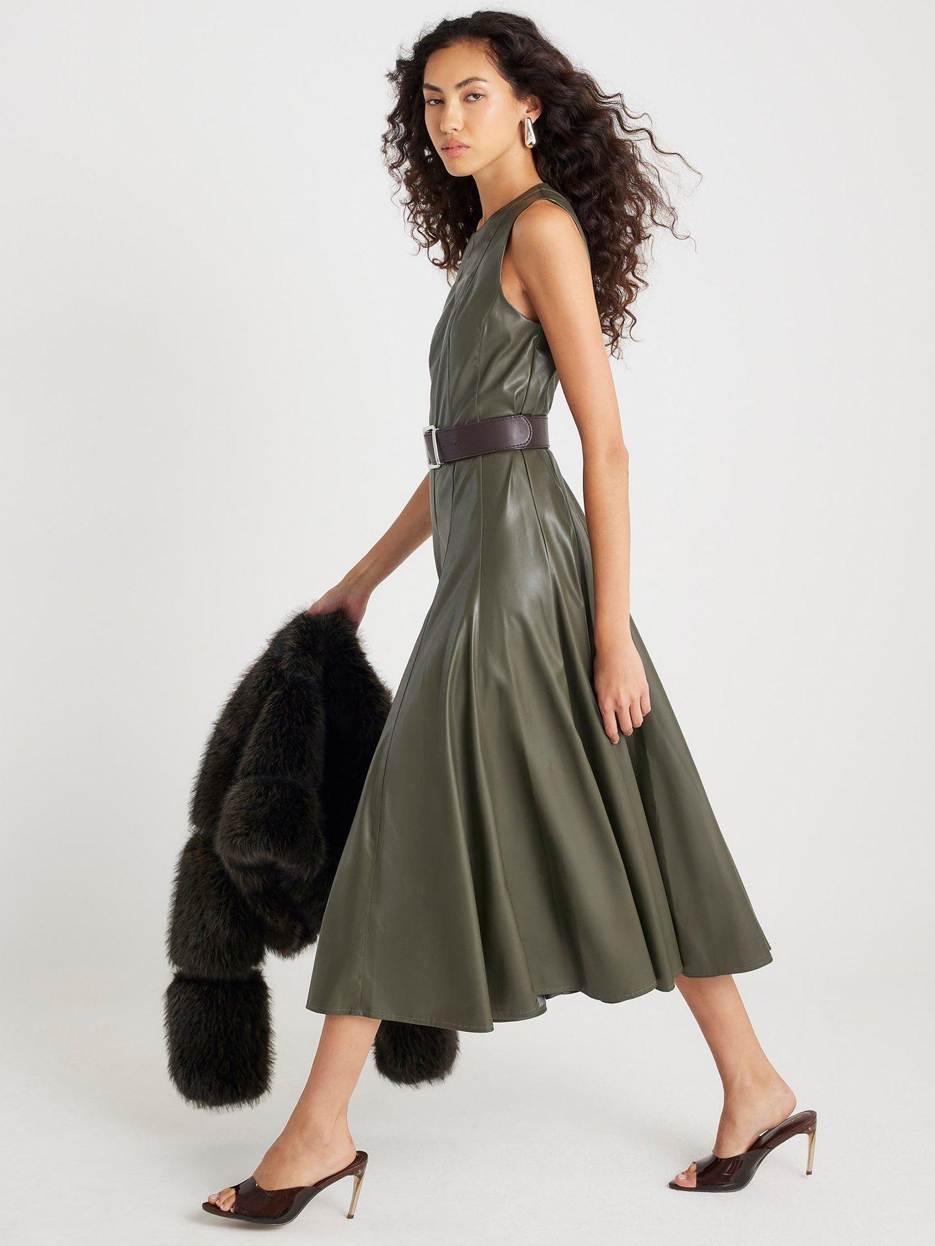 italian fashion dresses Gloria Faux Leather Midi Dress (Black Beauty) | Love Cherish