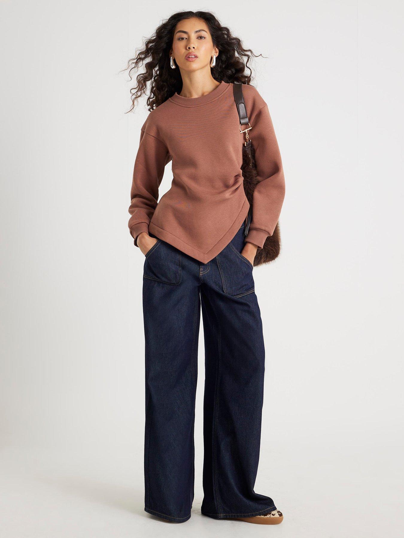 Image 3 of 4 of River Island Long Sleeve Drape Waisted Sweat - Brown