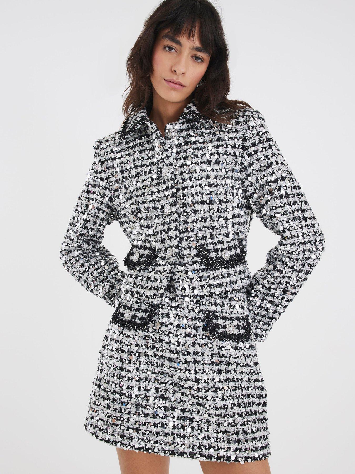 Image 1 of 4 of River Island Tailored Sparkle Boucle Jacket - Black