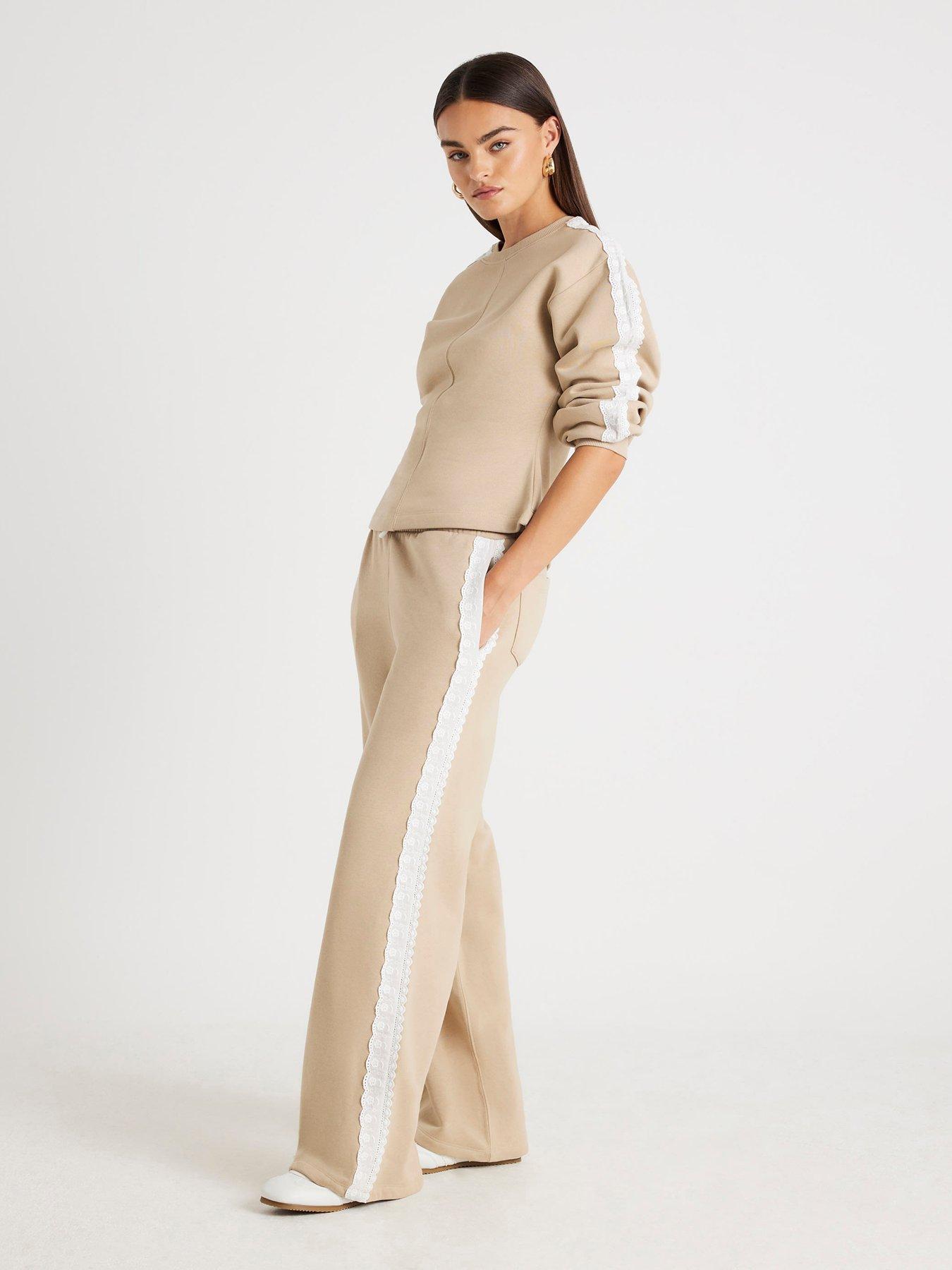 River Island Lace Trim Wide Leg Jogger - Beige
