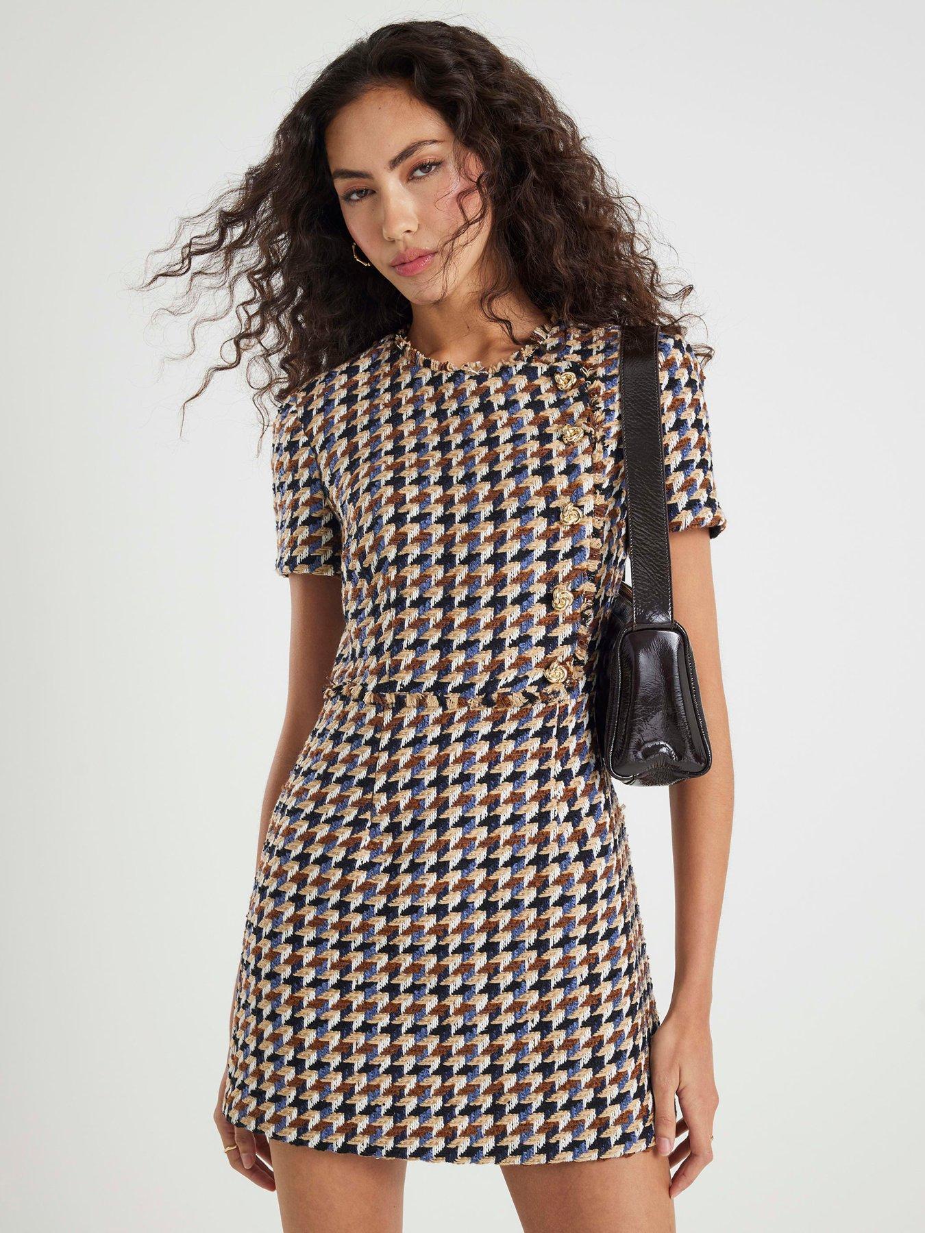 undefined Short Sleeve Boucle Check Mini Dress - Brown
