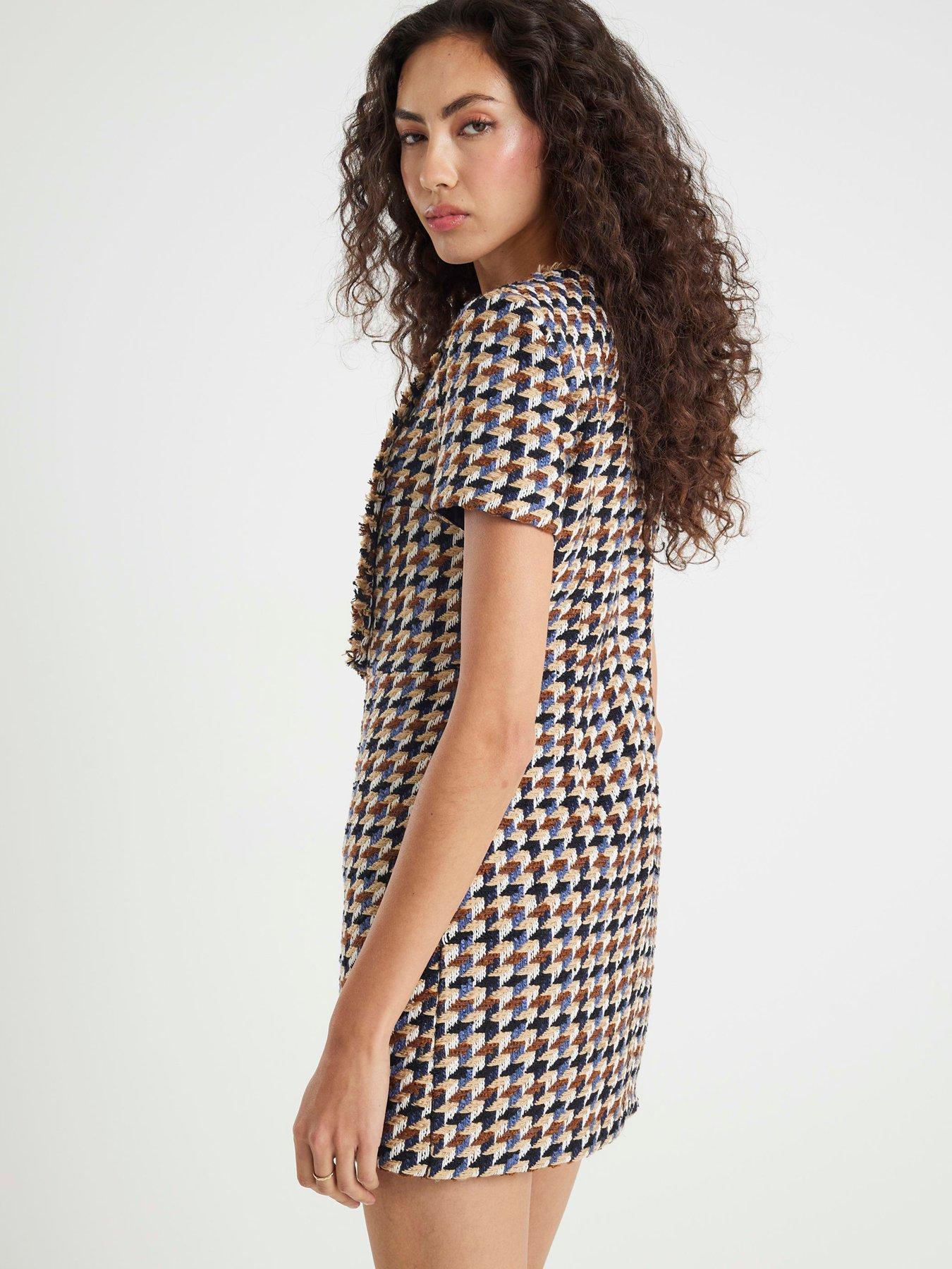 Image 2 of 4 of River Island Short Sleeve Boucle Check Mini Dress - Brown