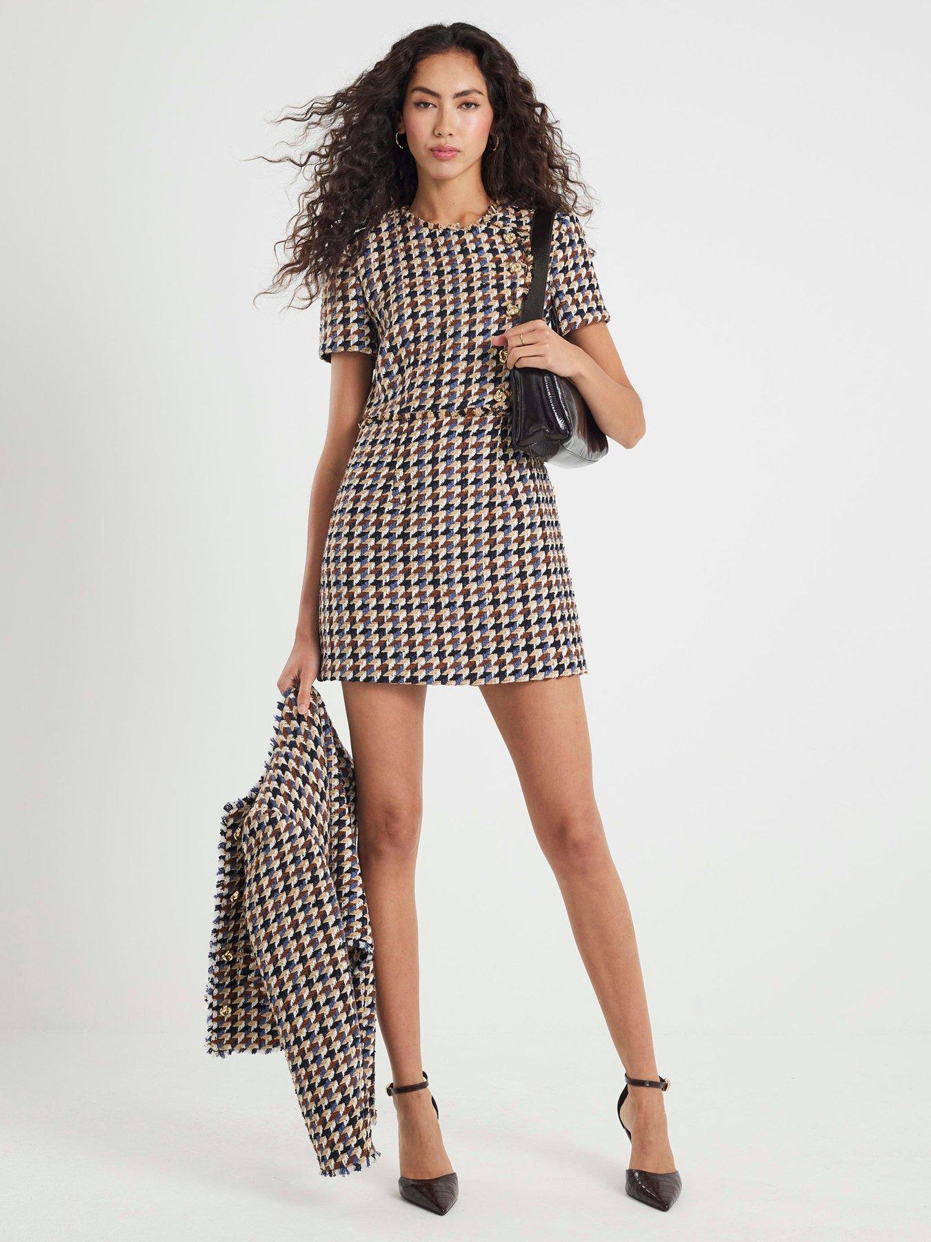 Image 3 of 4 of River Island Short Sleeve Boucle Check Mini Dress - Brown