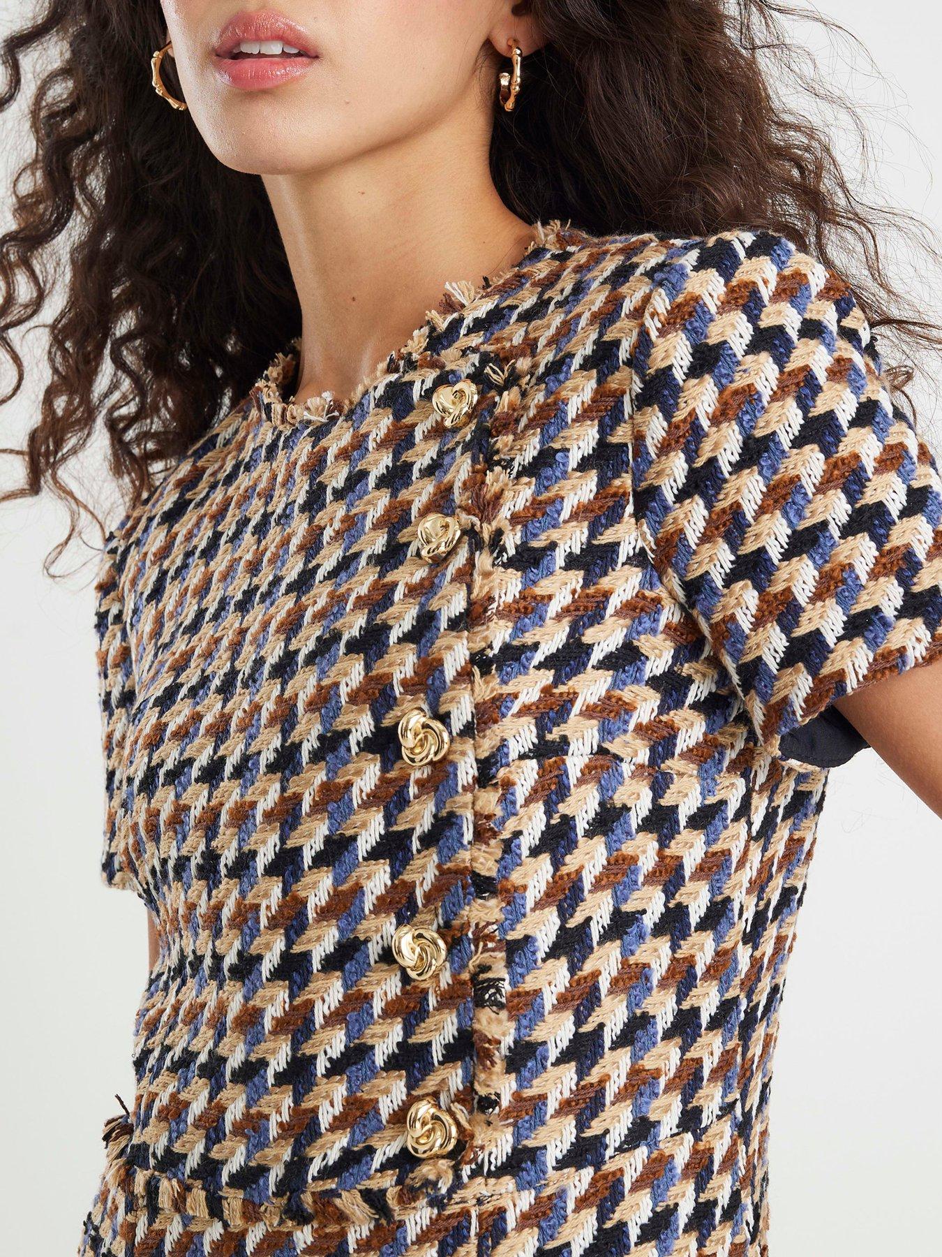 Image 4 of 4 of River Island Short Sleeve Boucle Check Mini Dress - Brown