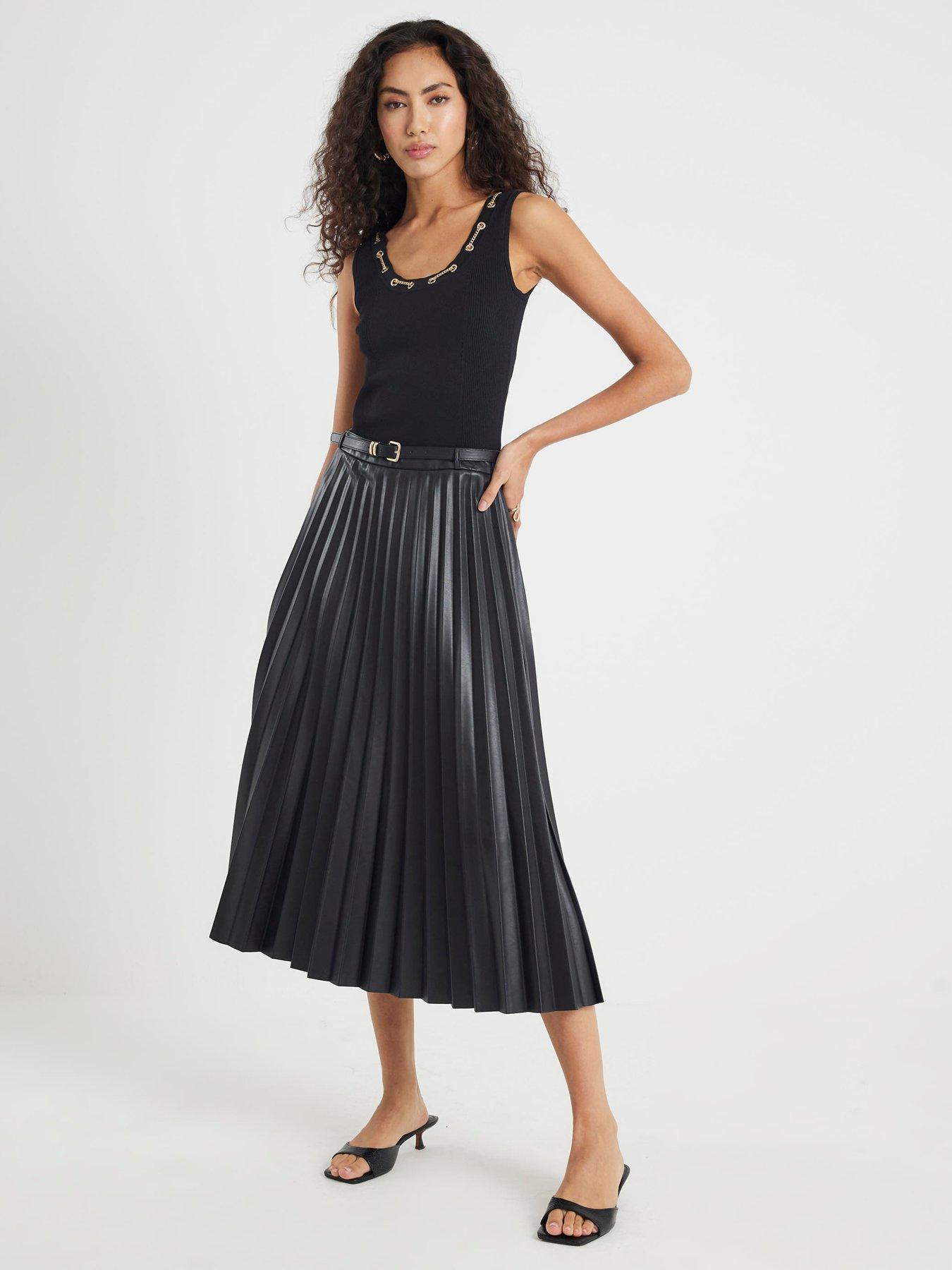 River Island Belted Pleated Midi Skirt - Black