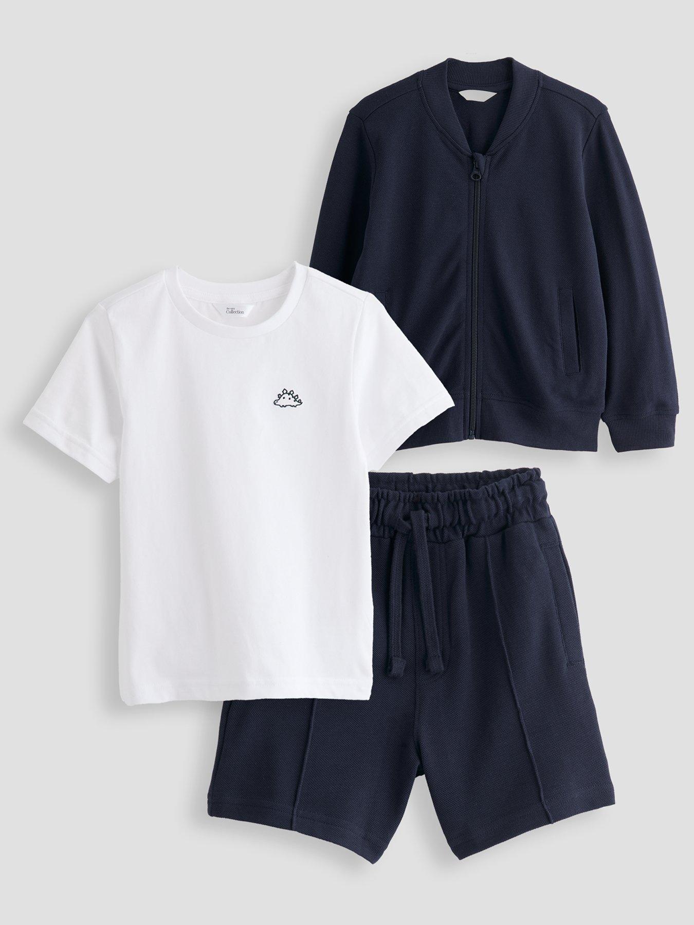Image 1 of 4 of The Very Collection Boys 3 Piece Pique Jacket, Shorts And T-Shirt Set - Navy
