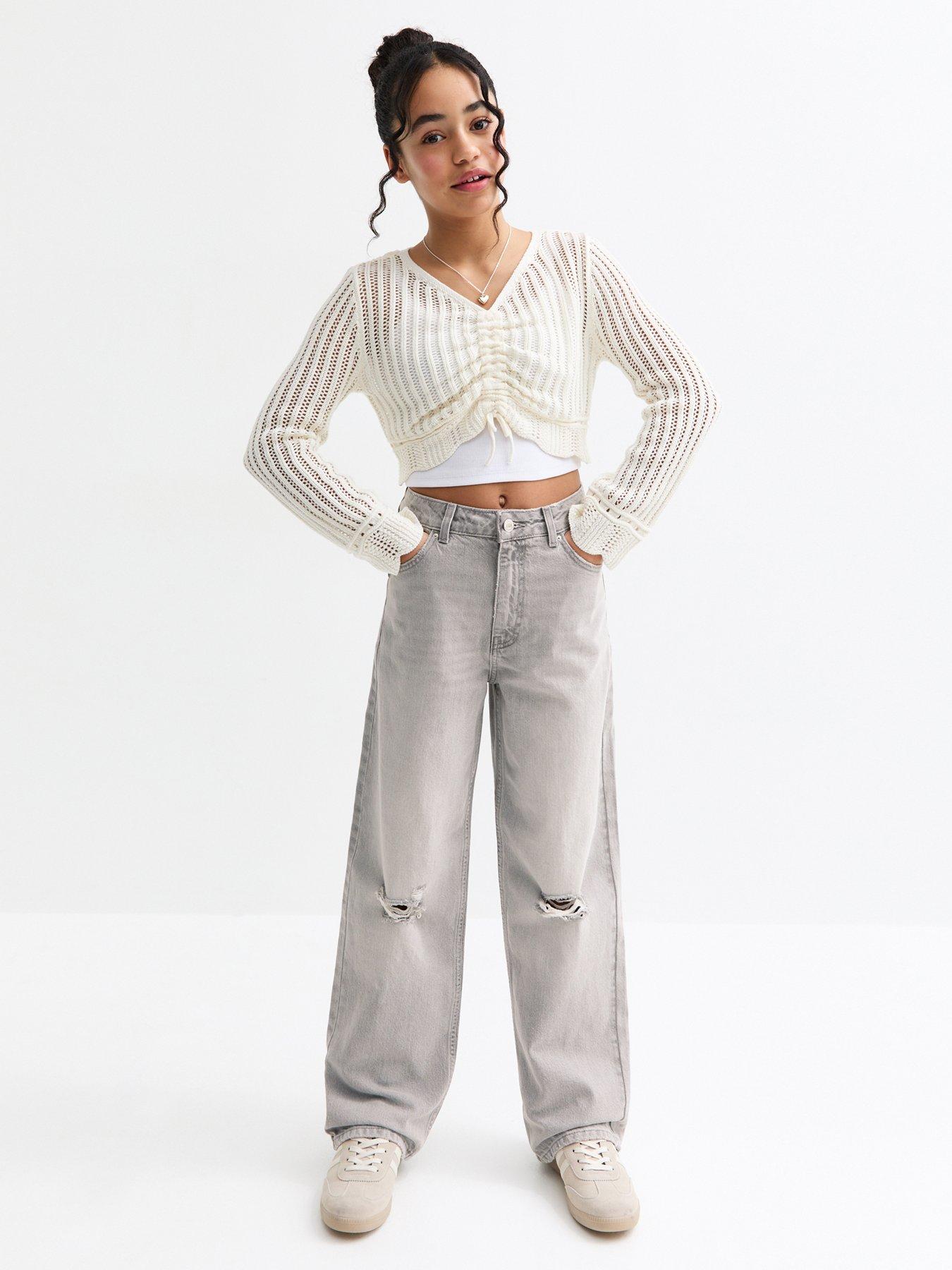 New Look 915 Girls Grey Ripped Wide Leg Jeans