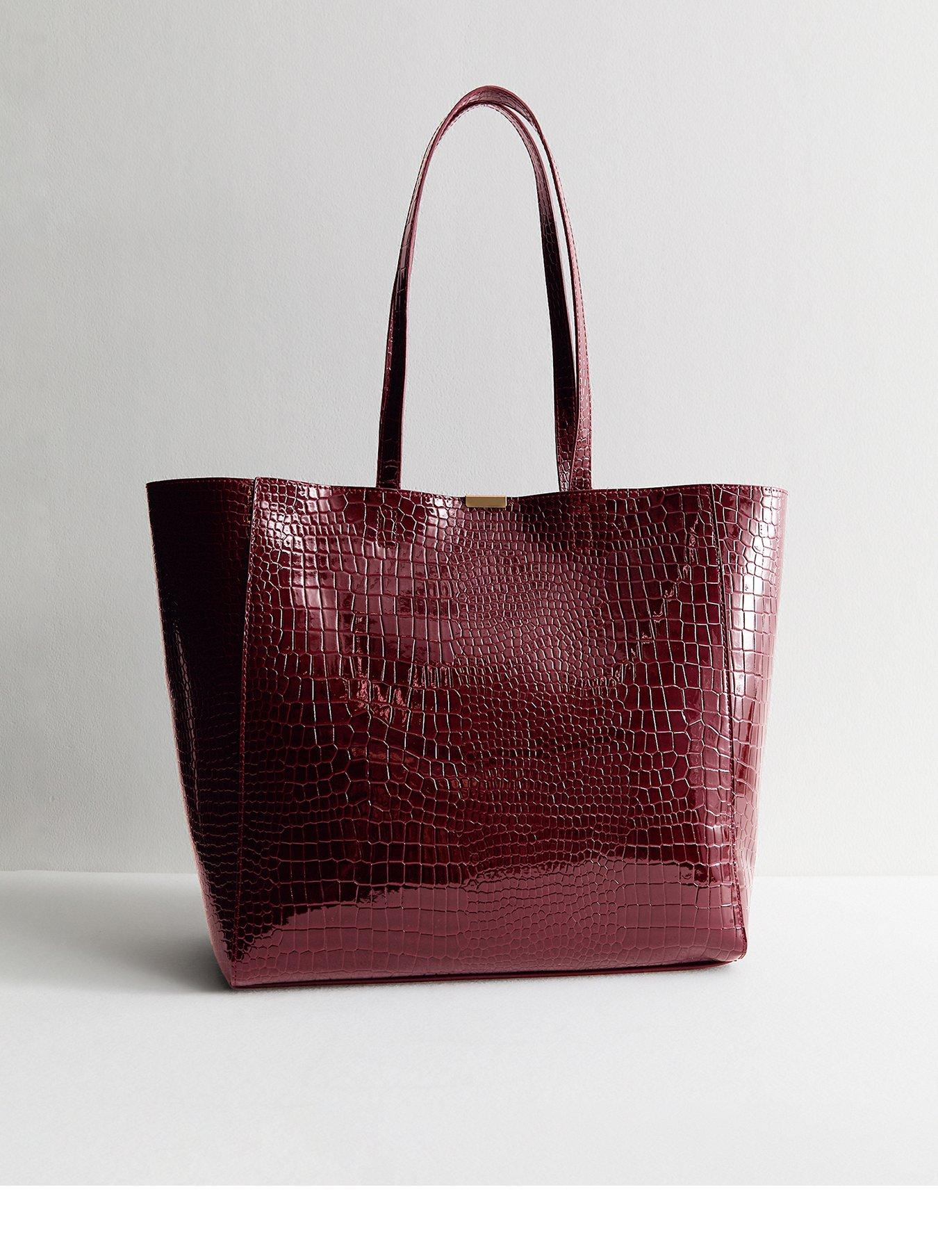 New Look Faux Patent Leather Crocodile Effect Tote - Red